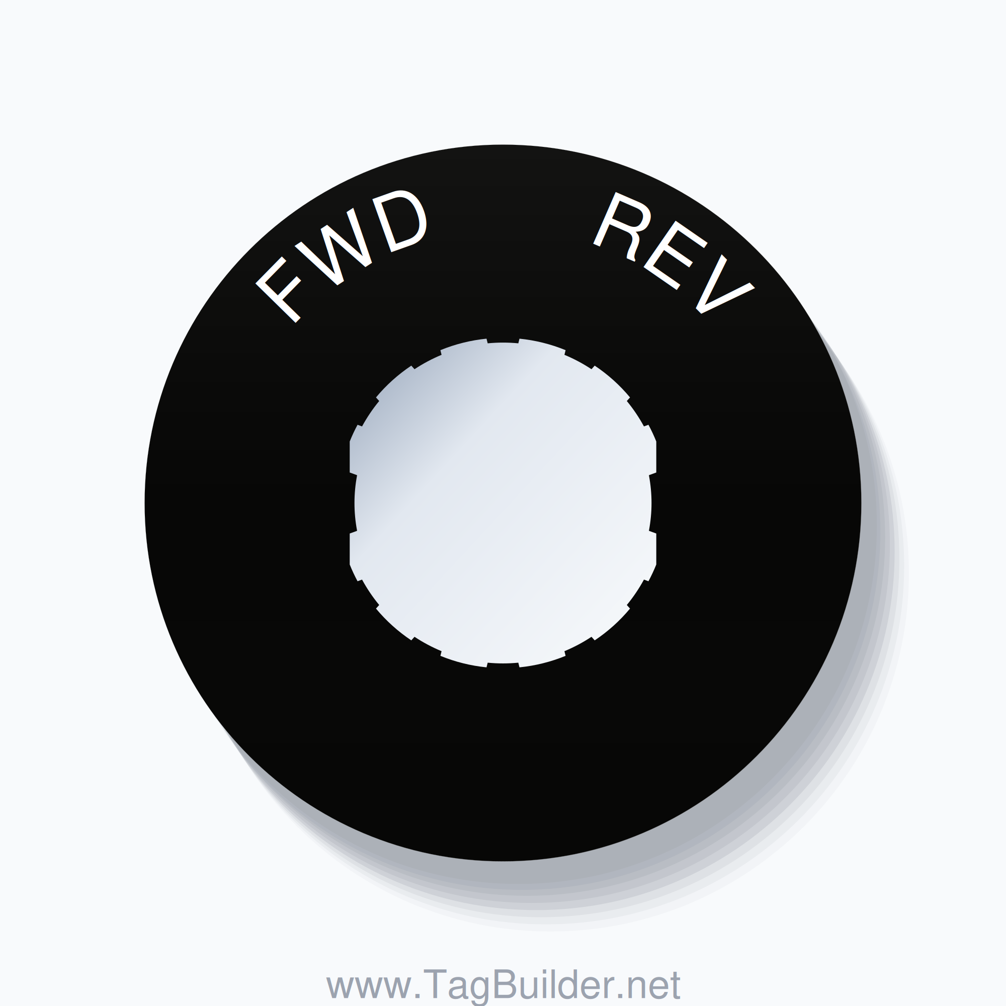 22mm Ring Tag – FWD       REV, Single-Line 60mm Round, Schneider Electric Compatible, White on Black