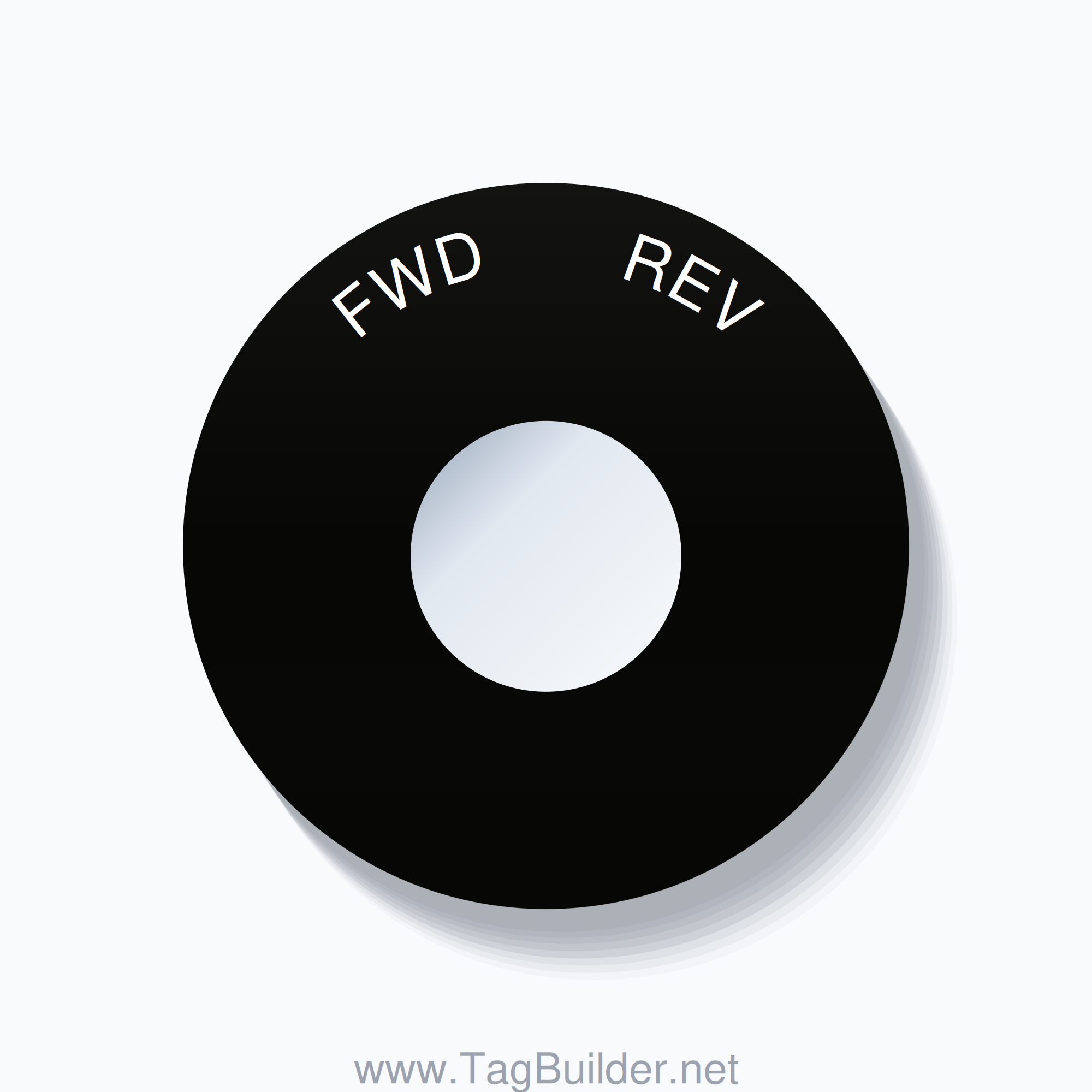 22mm Ring Tag – FWD       REV, Single-Line 60mm Round, White on Black