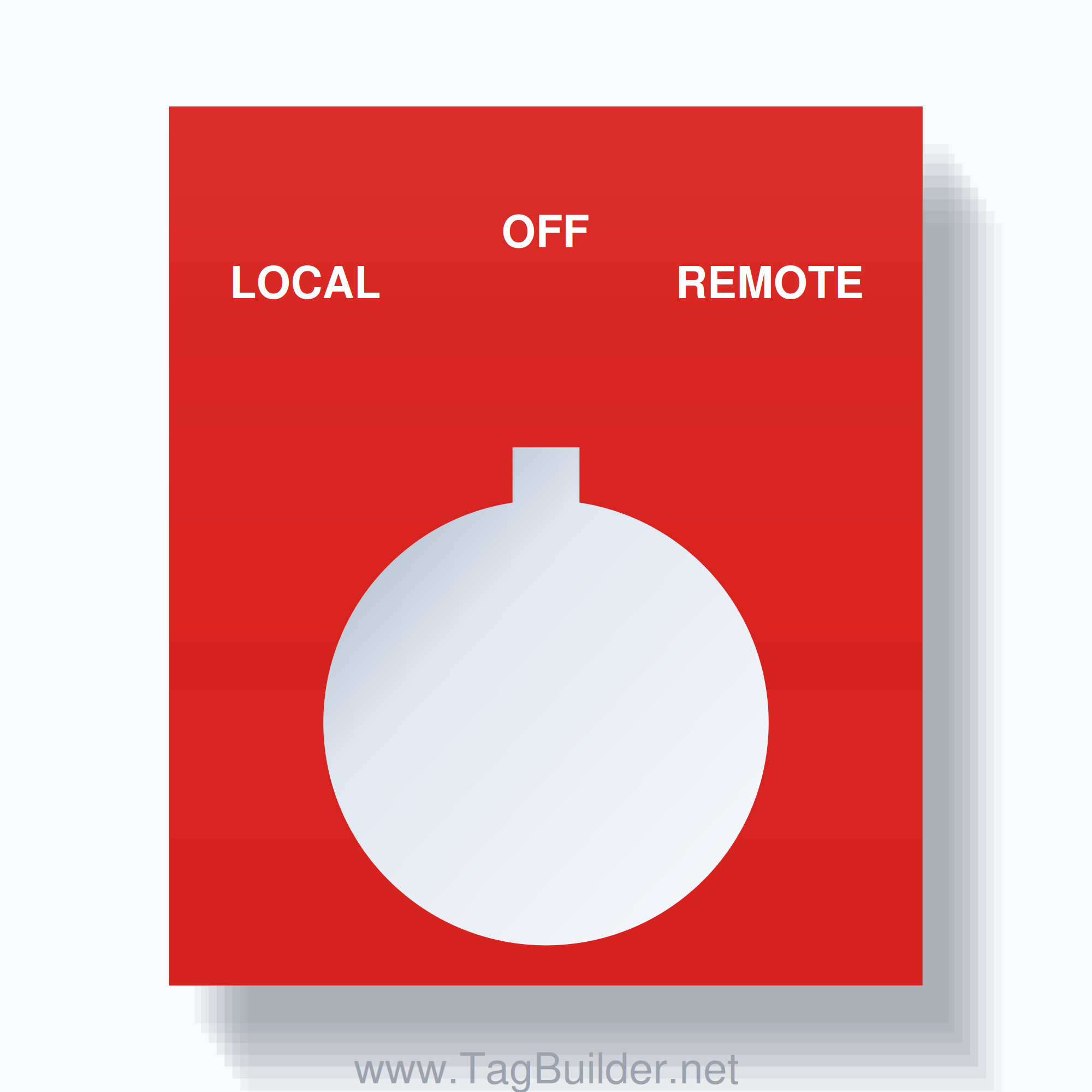 22mm Ring Tag – LOCAL OFF REMOTE, Three-Line Square, Allen-Bradley Compatible, White on Red
