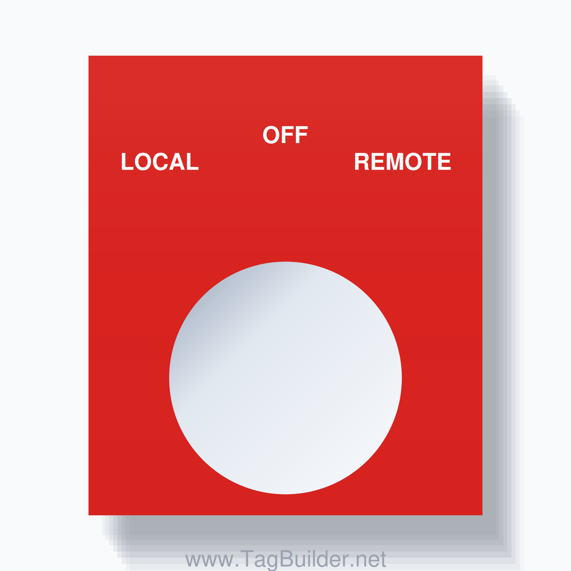 22mm Ring Tag – LOCAL OFF REMOTE, Three-Line Square, White on Red
