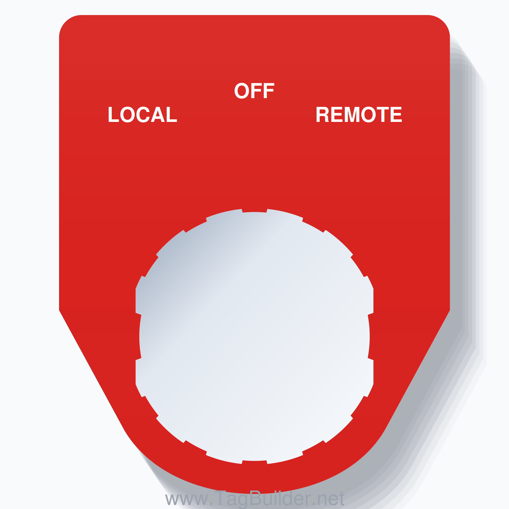 22mm Ring Tag – LOCAL OFF REMOTE, Three-Line Traditional, Schneider Electric Compatible, White on Red