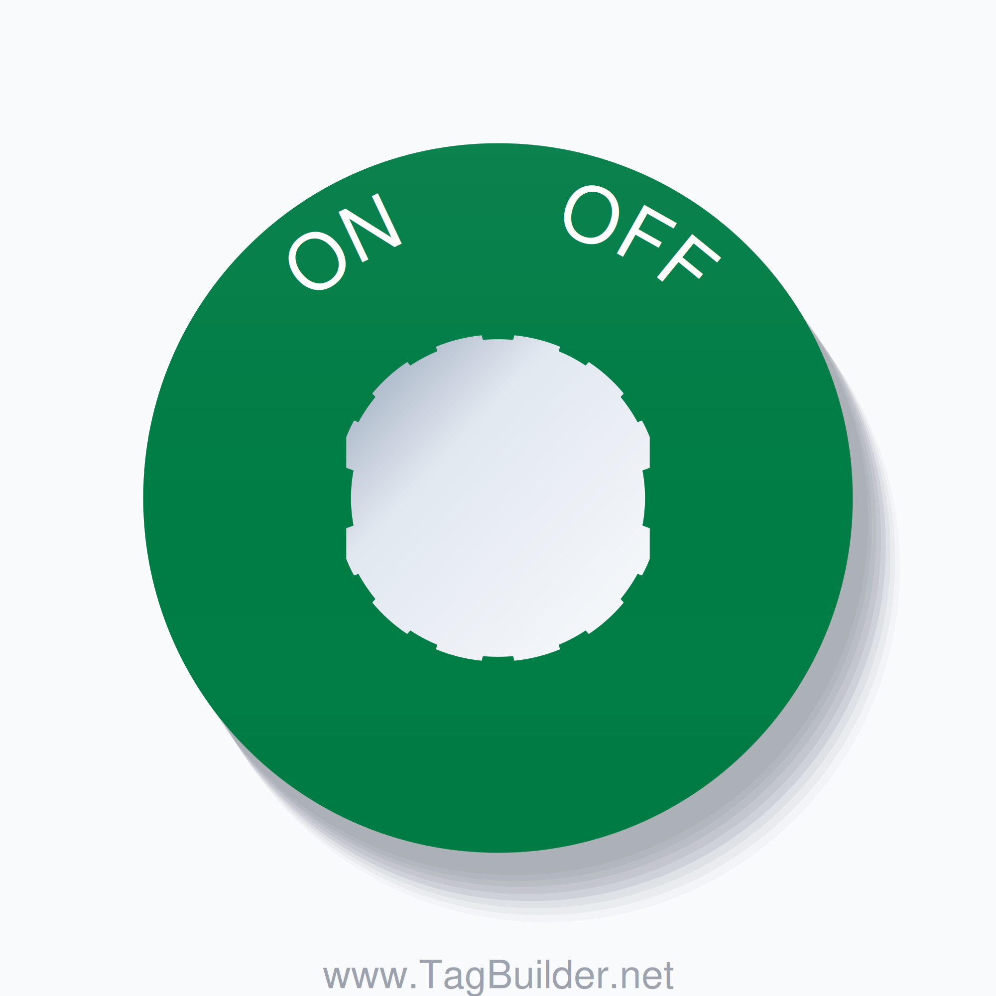 22mm Ring Tag – ON       OFF, Single-Line 60mm Round, Schneider Electric Compatible, White on Green