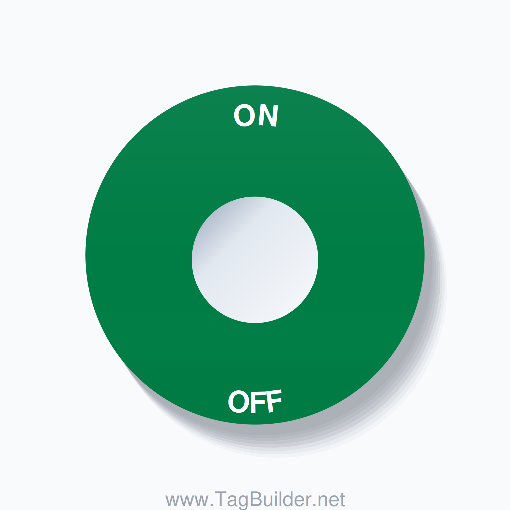 22mm Ring Tag – ON OFF, Single-Line 60mm Round, White on Green