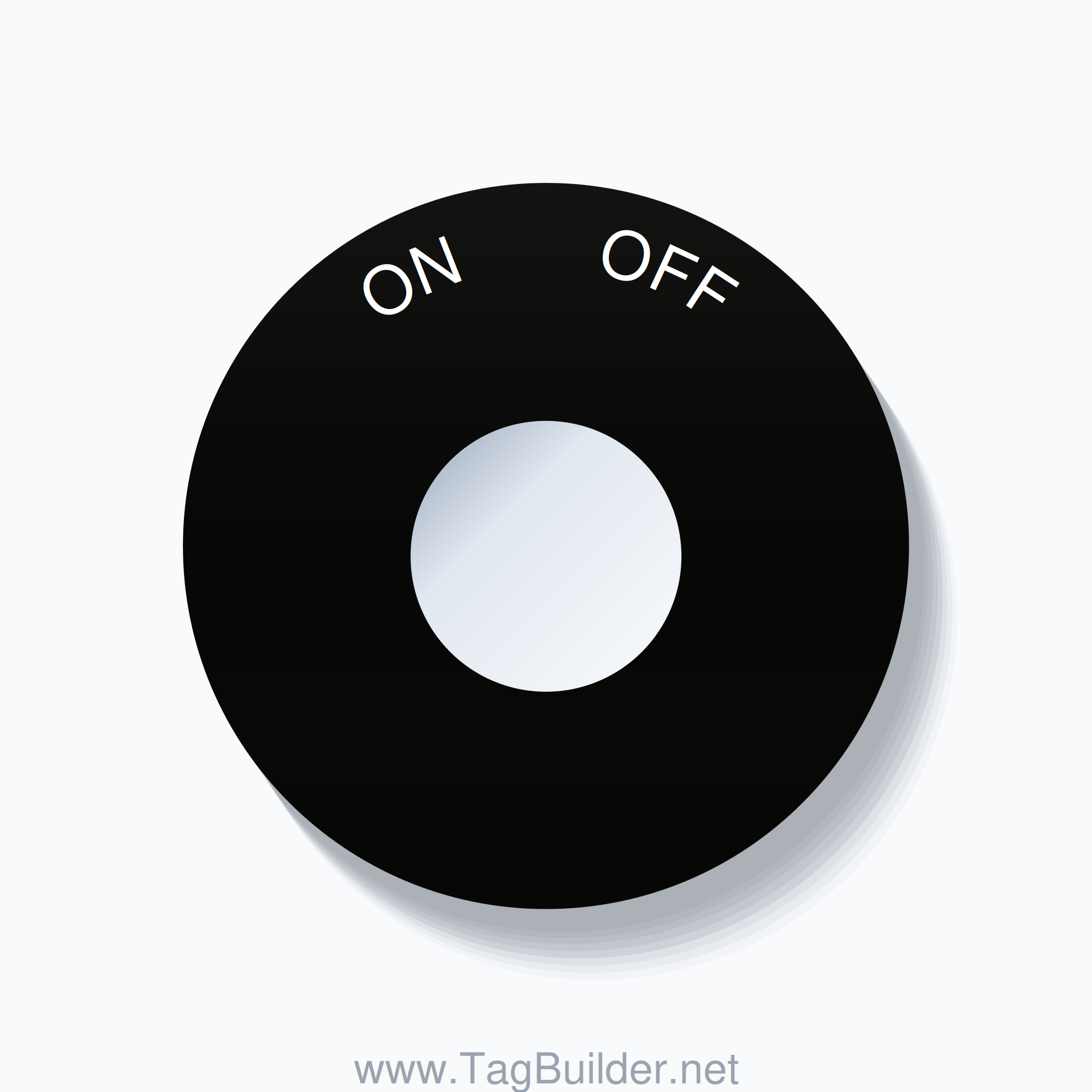 22mm Ring Tag – ON       OFF, Single-Line 60mm Round, White on Black