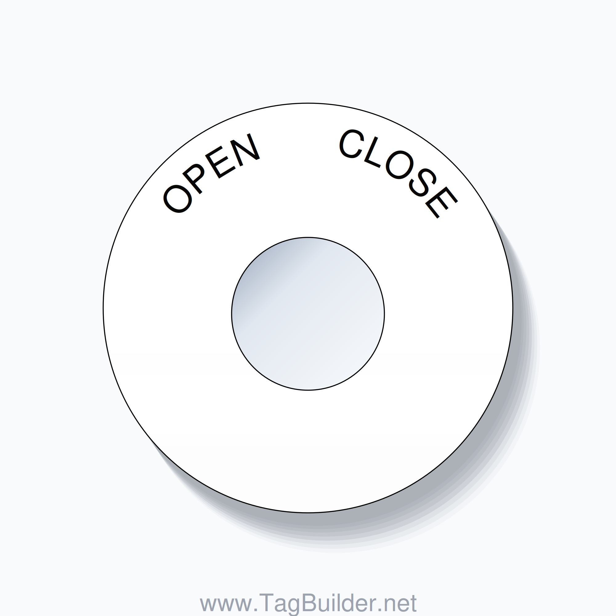 22mm Ring Tag – OPEN       CLOSE, Single-Line 60mm Round, Black on White