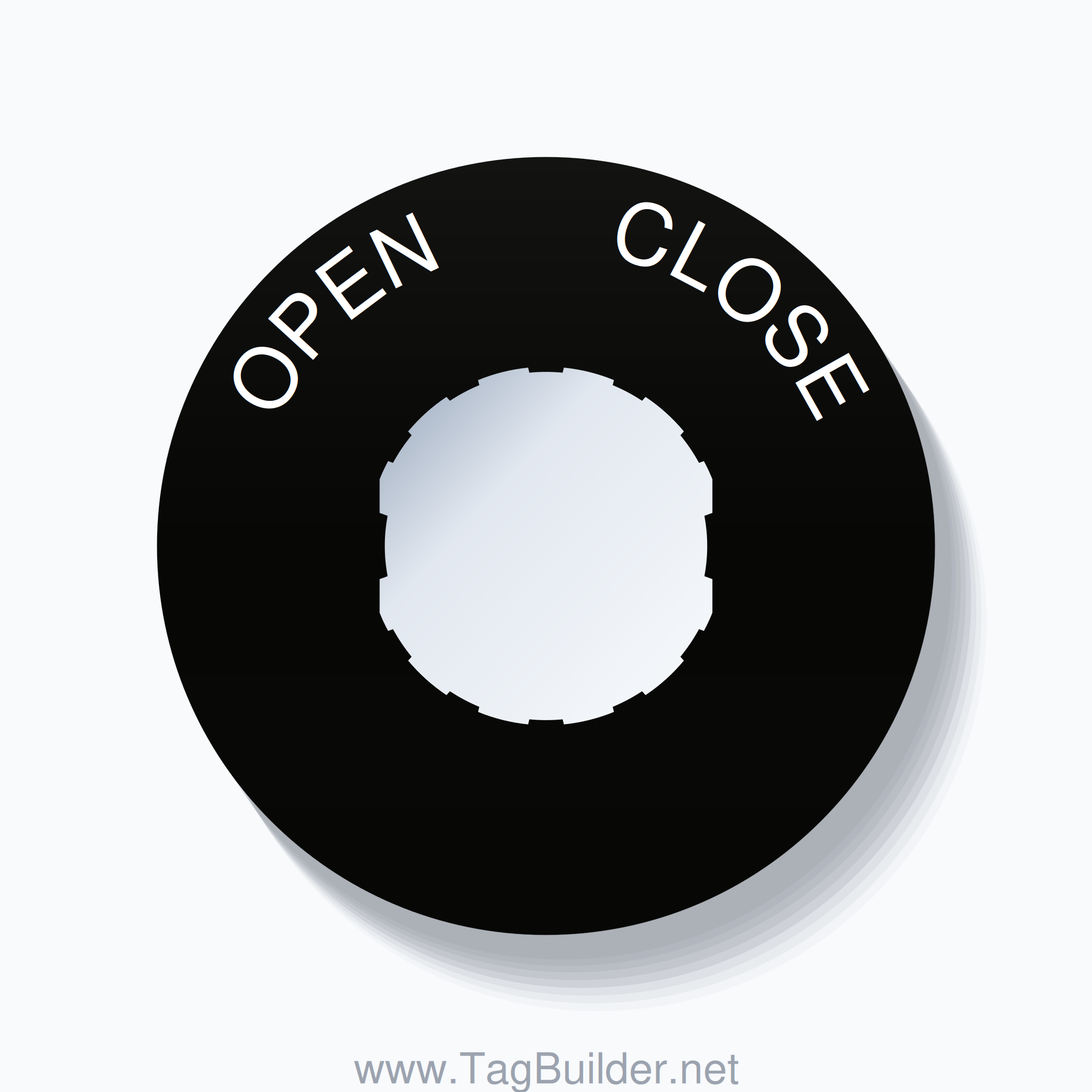 22mm Ring Tag – OPEN       CLOSE, Single-Line 60mm Round, Schneider Electric Compatible, White on Black