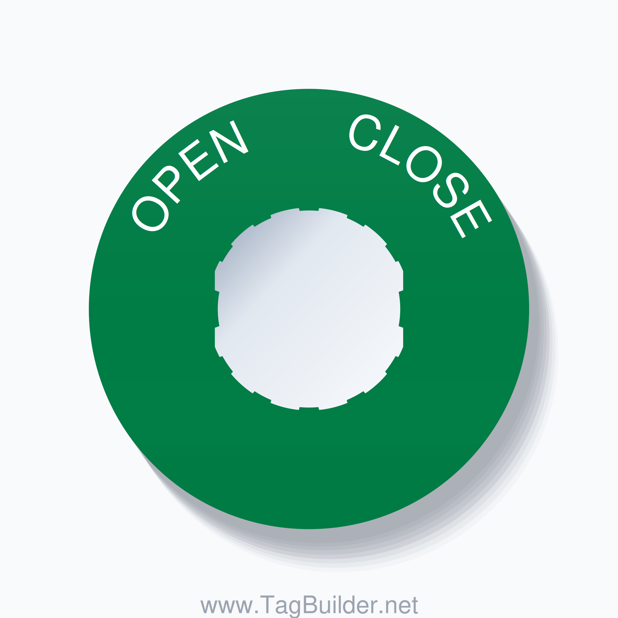 22mm Ring Tag – OPEN       CLOSE, Single-Line 60mm Round, Schneider Electric Compatible, White on Green
