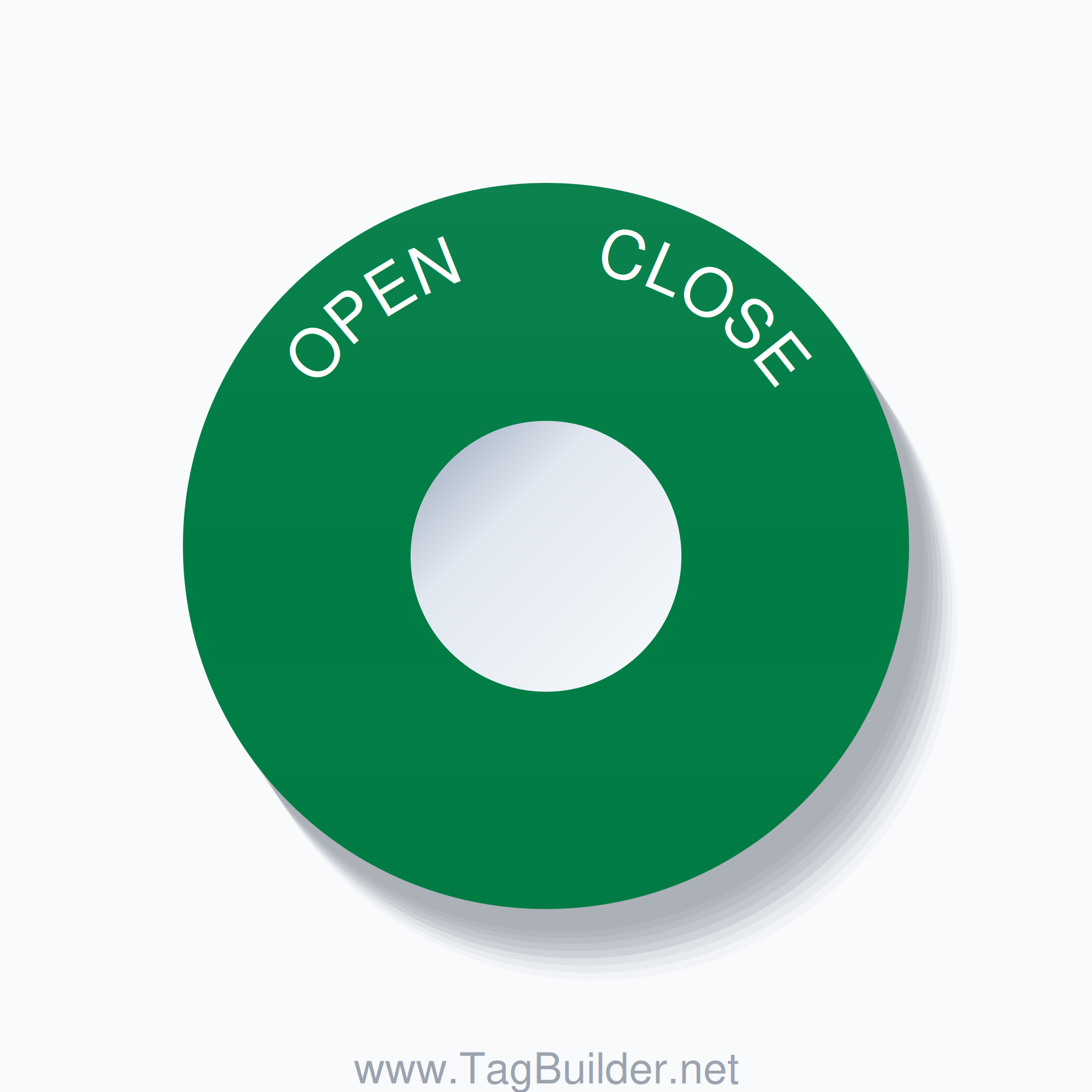 22mm Ring Tag – OPEN       CLOSE, Single-Line 60mm Round, White on Green