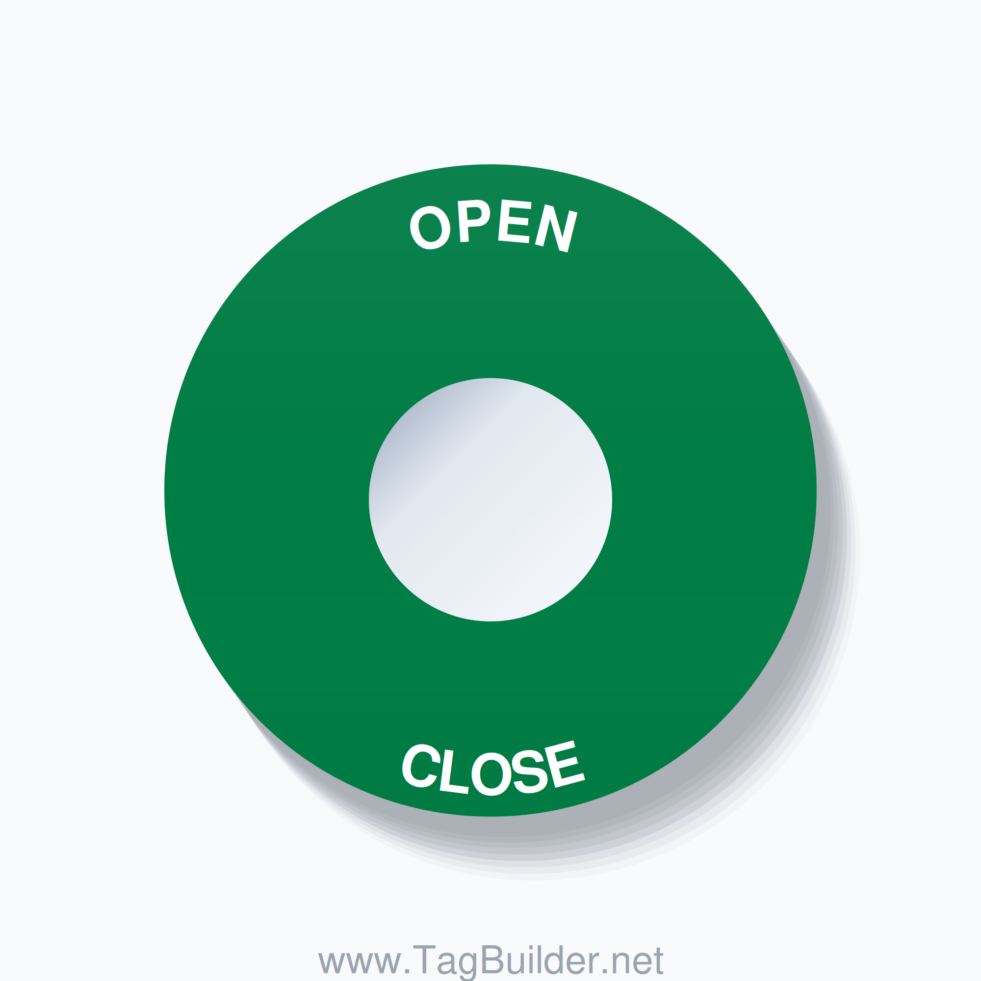 22mm Ring Tag – OPEN CLOSE, Single-Line 60mm Round, White on Green