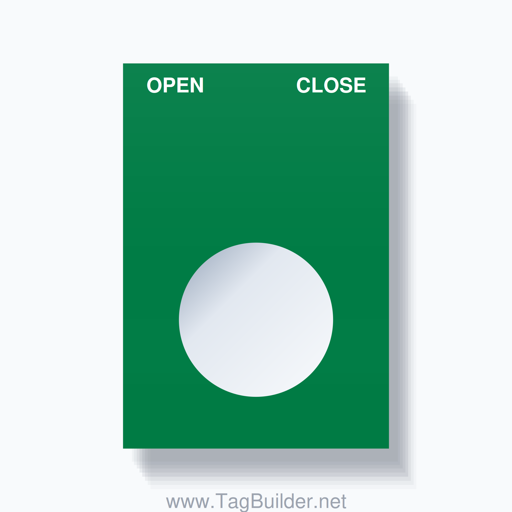 22mm Ring Tag – OPEN CLOSE, Two-Line Squared, White on Green