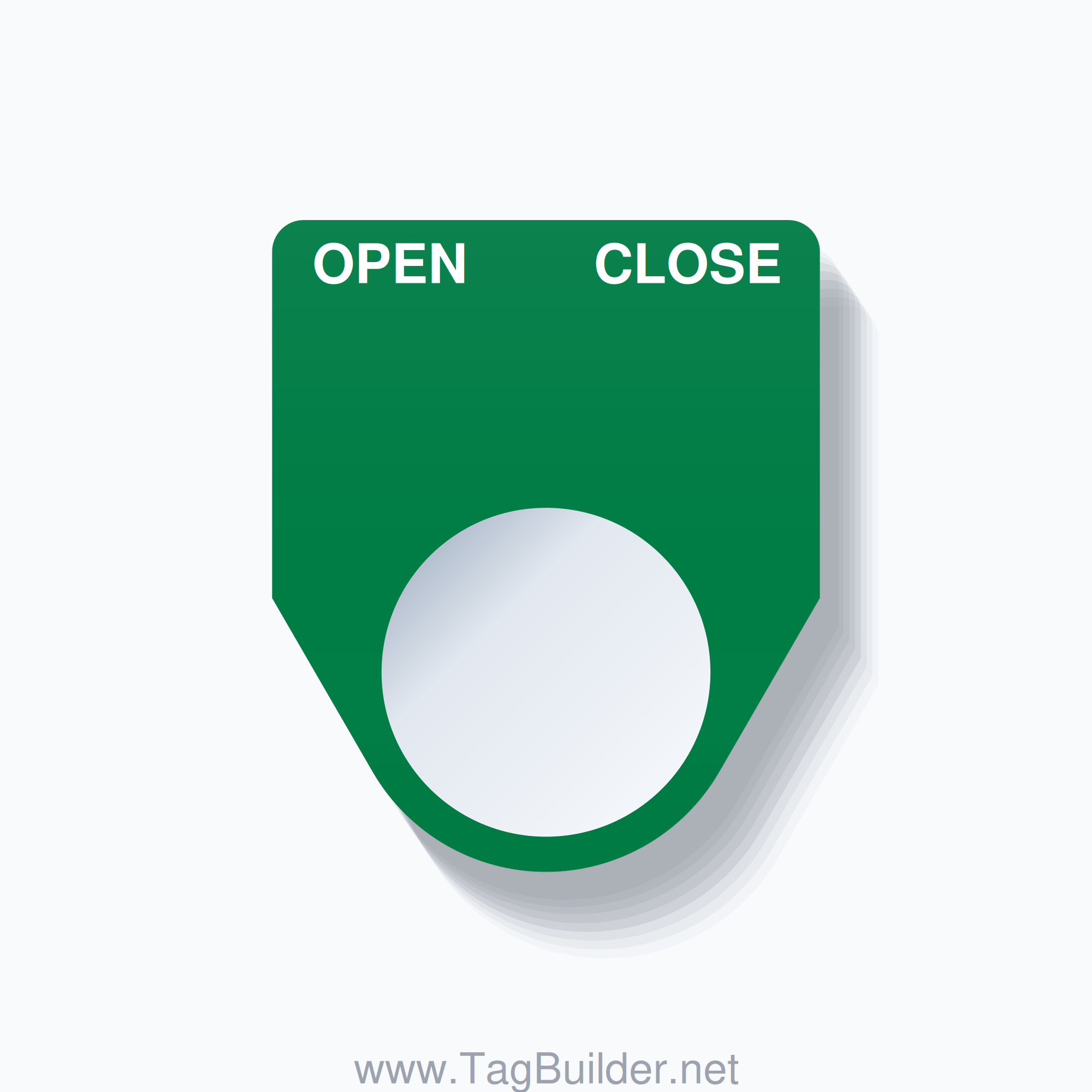 22mm Ring Tag – OPEN CLOSE, Two-Line Traditional, White on Green