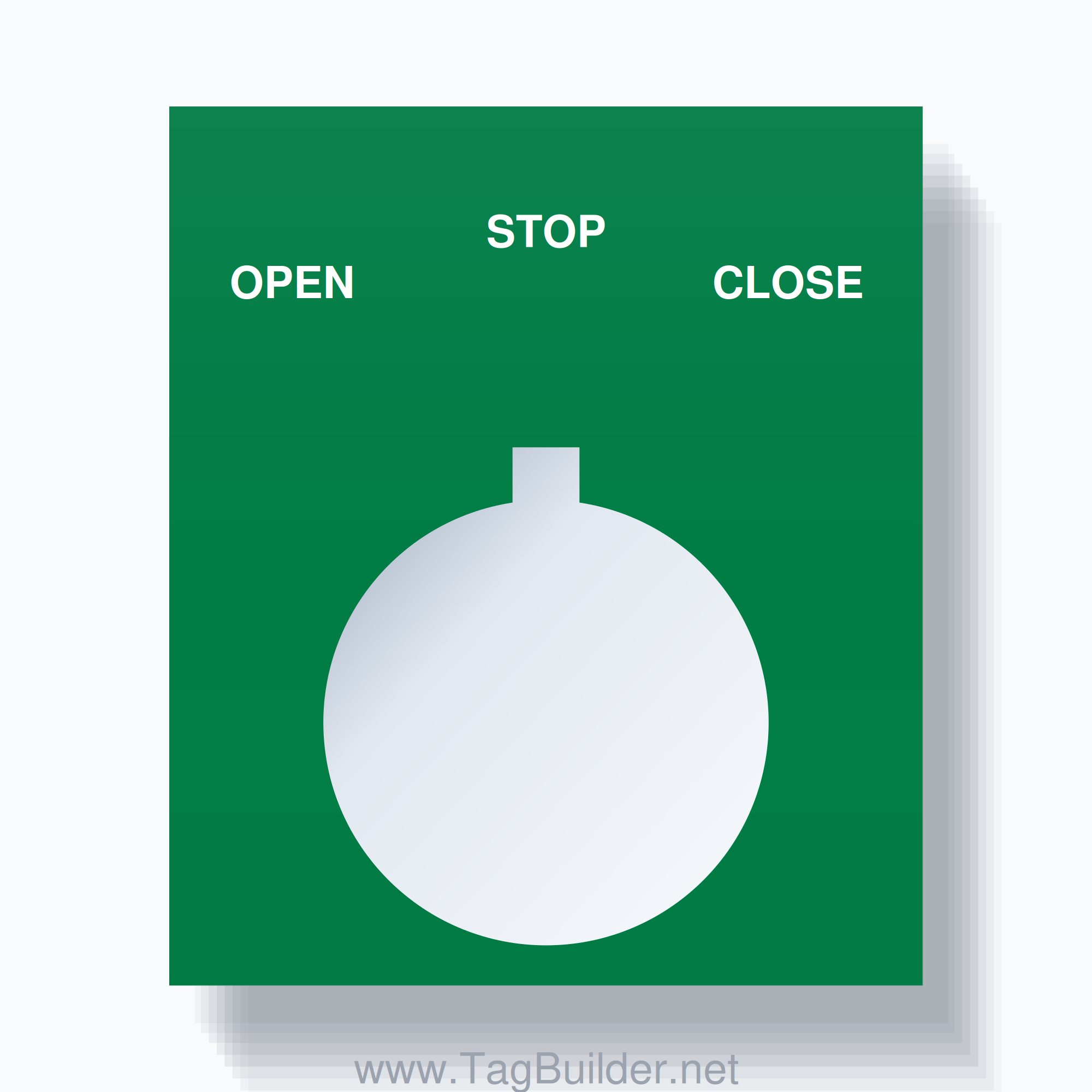 22mm Ring Tag – OPEN STOP CLOSE, Three-Line Square, Allen-Bradley Compatible, White on Green