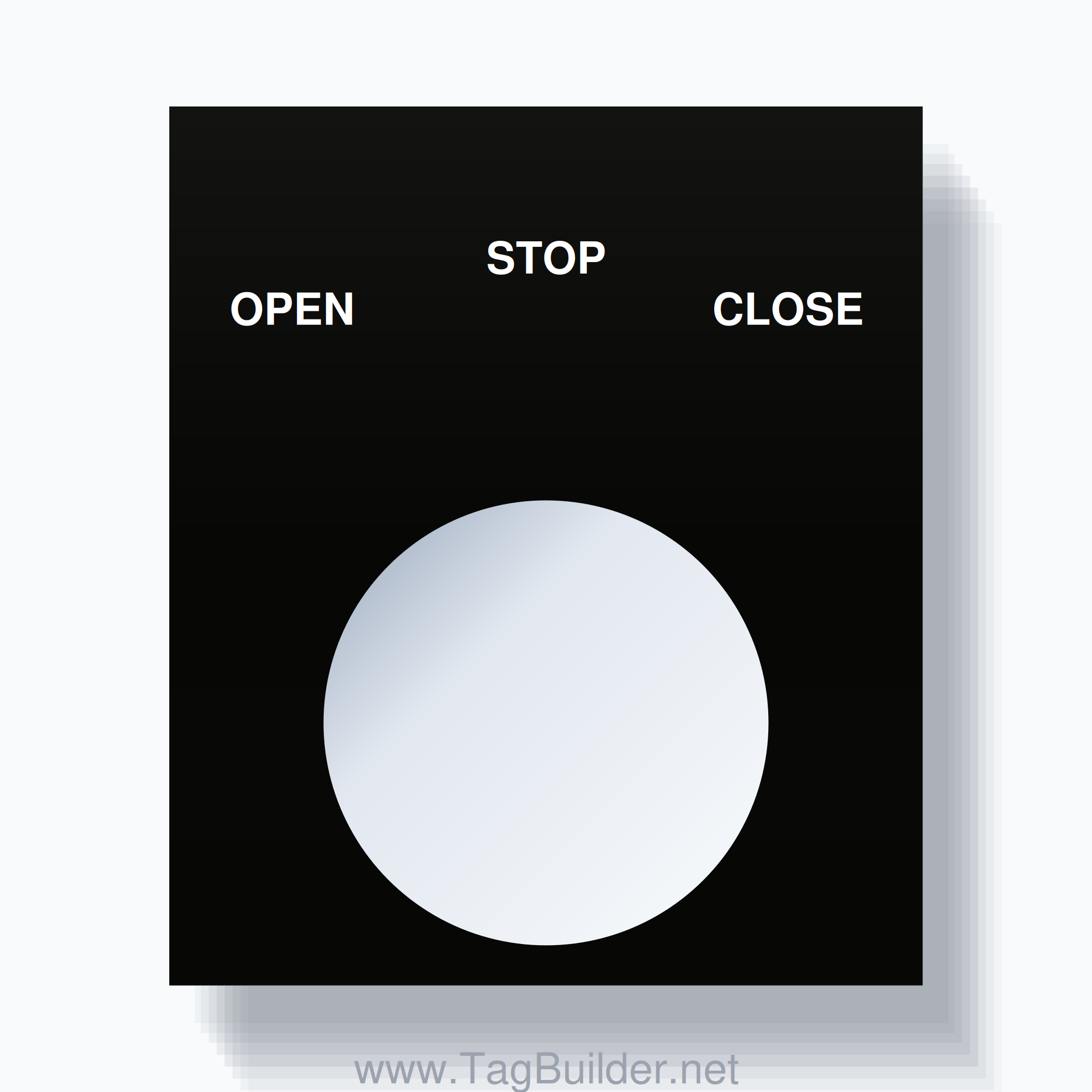 22mm Ring Tag – OPEN STOP CLOSE, Three-Line Square, White on Black