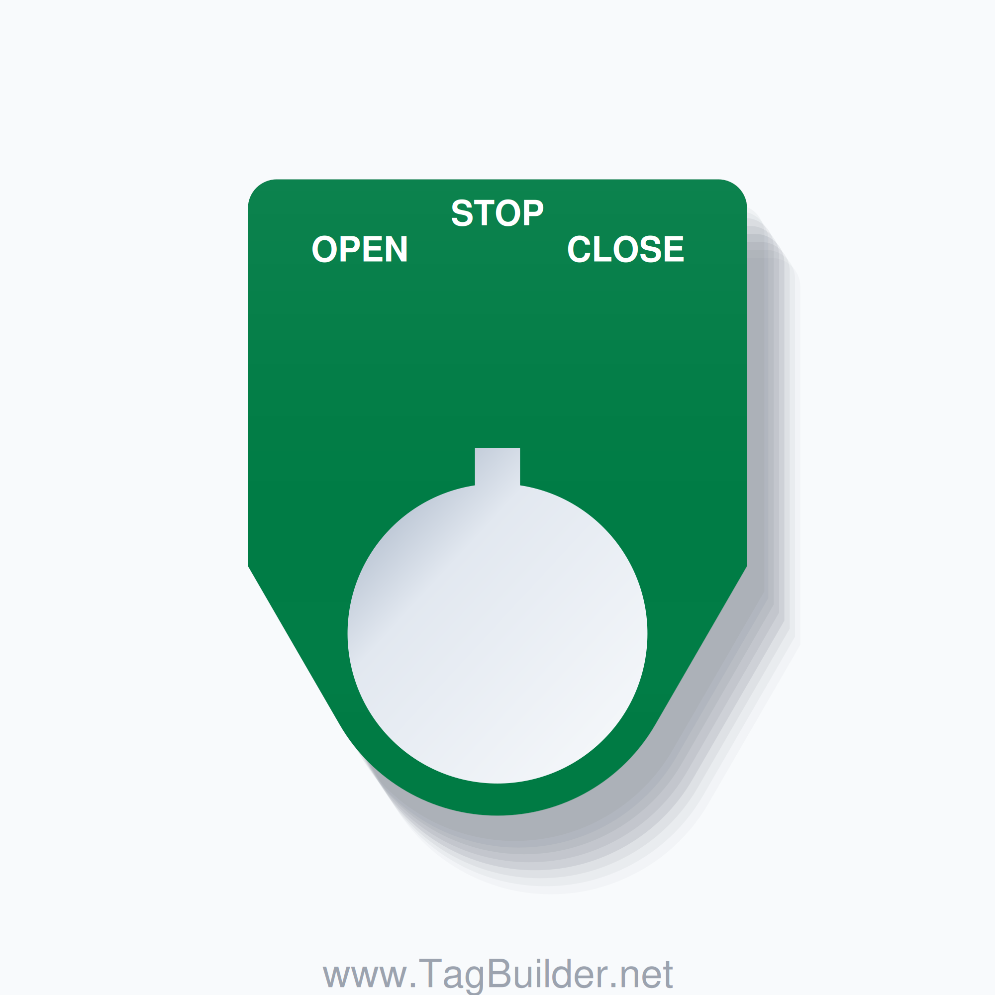 22mm Ring Tag – OPEN STOP CLOSE, Three-Line Traditional, Allen-Bradley Compatible, White on Green