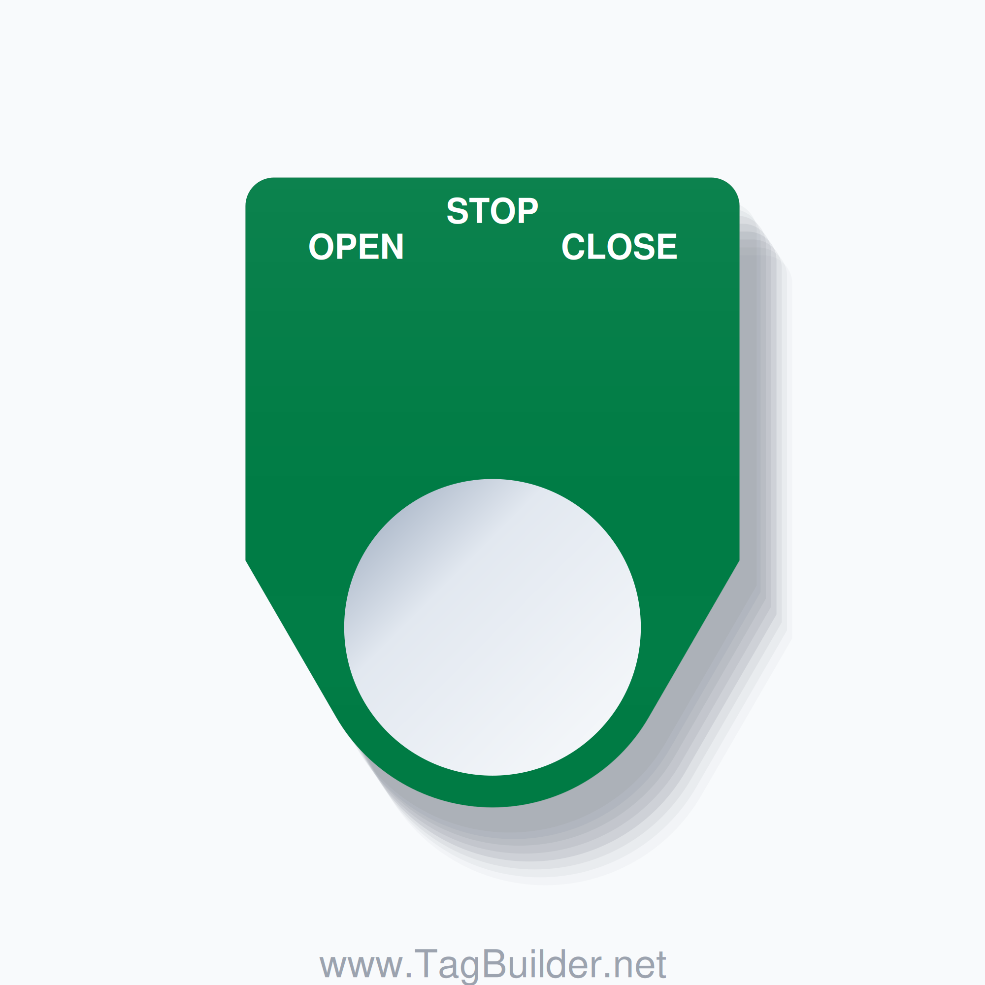 22mm Ring Tag – OPEN STOP CLOSE, Three-Line Traditional, White on Green