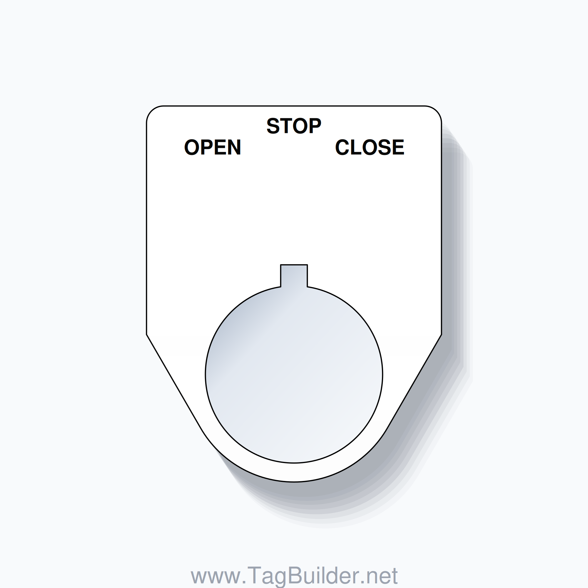 22mm Ring Tag – OPEN STOP CLOSE, Three-Line Traditional, Allen-Bradley Compatible, Black on White