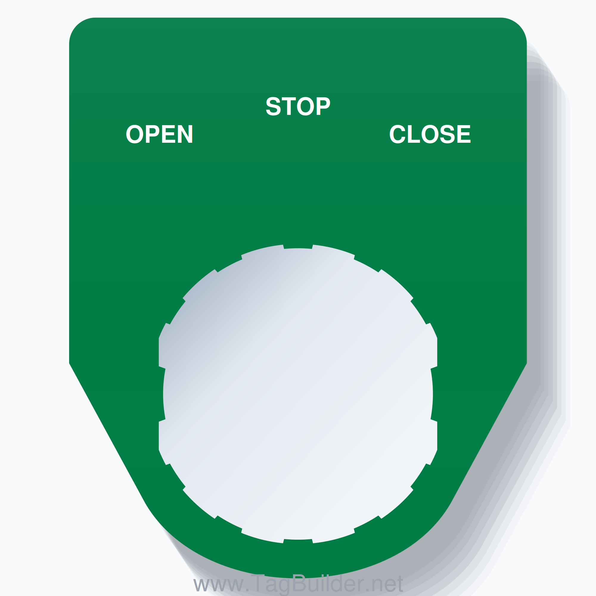 22mm Ring Tag – OPEN STOP CLOSE, Three-Line Traditional, Schneider Electric Compatible, White on Green