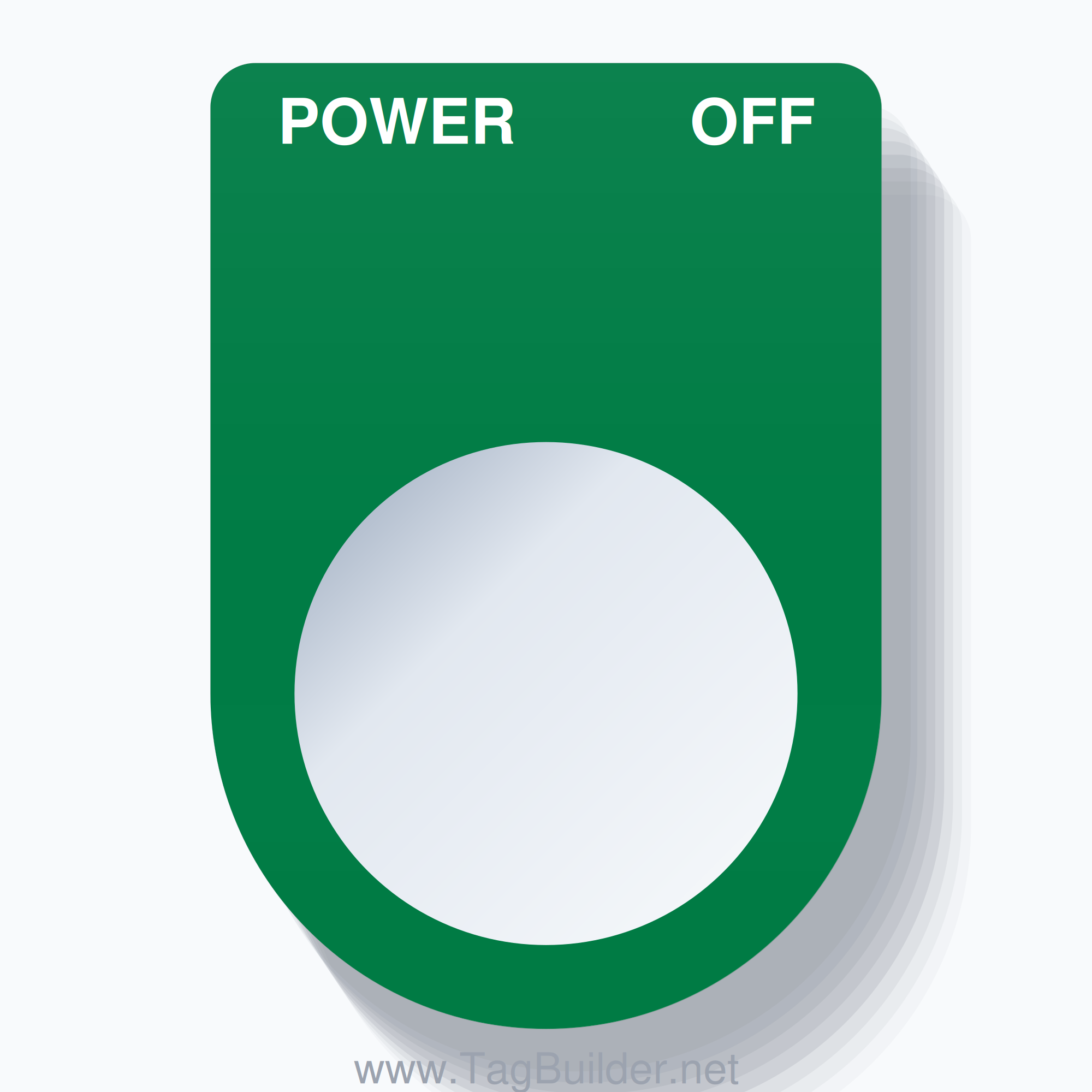 22mm Ring Tag – POWER OFF, Two-Line Slim, White on Green