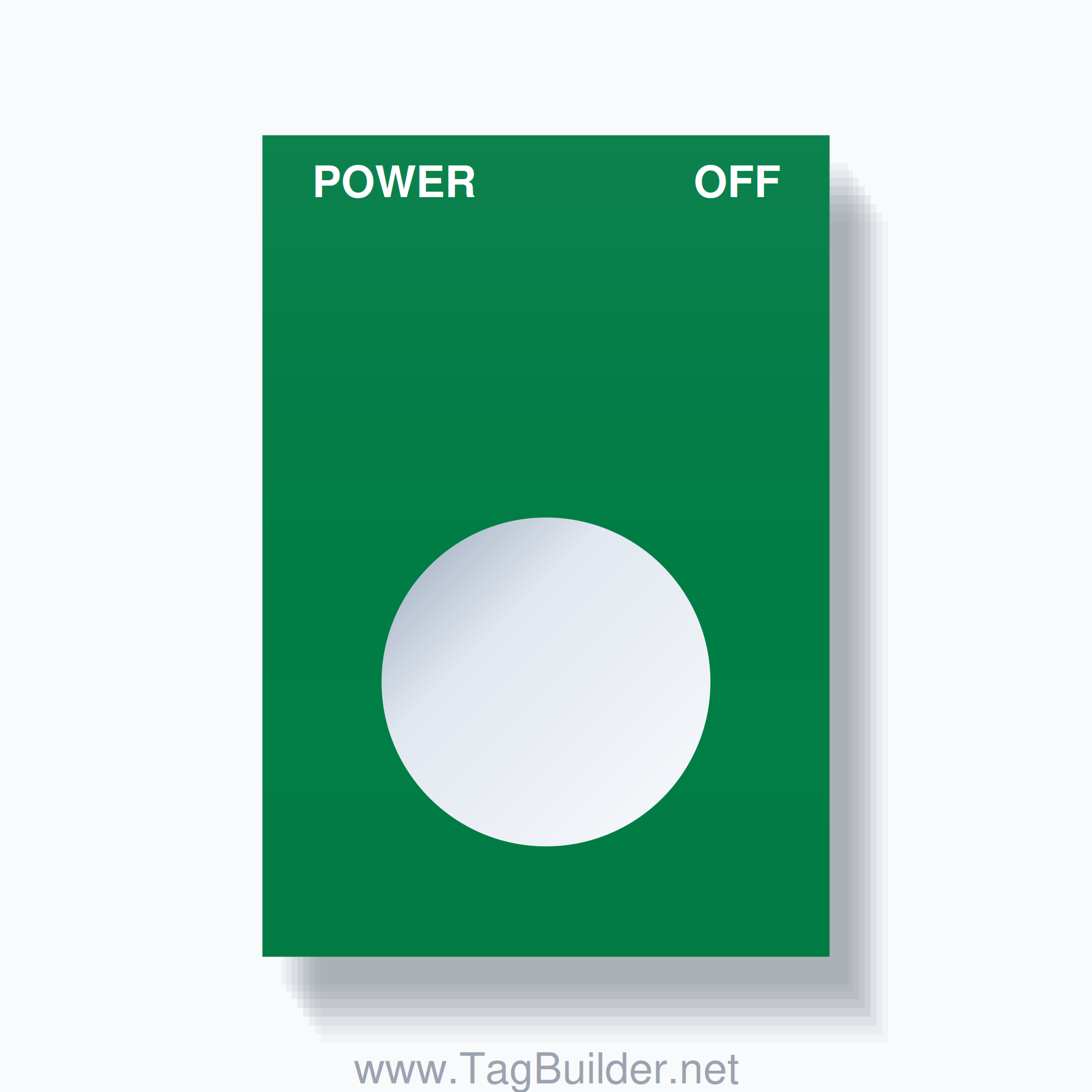 22mm Ring Tag – POWER OFF, Two-Line Squared, White on Green