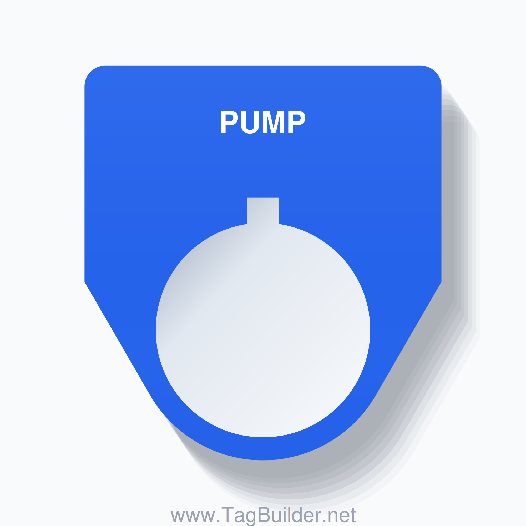 22mm Ring Tag – PUMP, Single-Line Traditional, Allen-Bradley Compatible, White on Blue