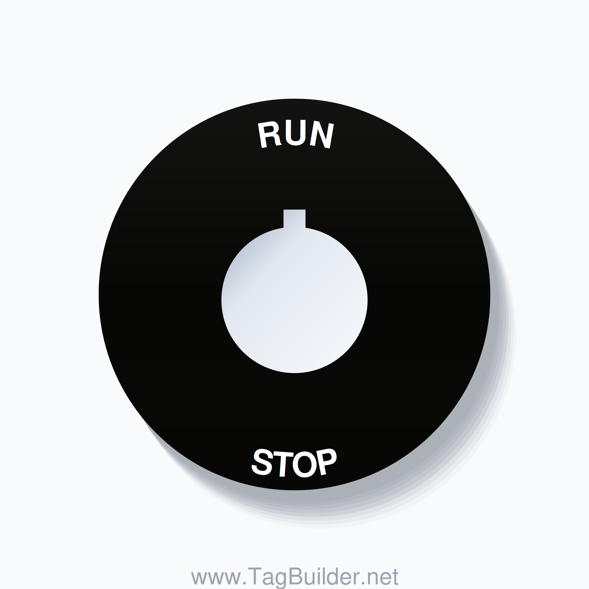 22mm Ring Tag – RUN STOP, Single-Line 60mm Round, Allen-Bradley Compatible, White on Black