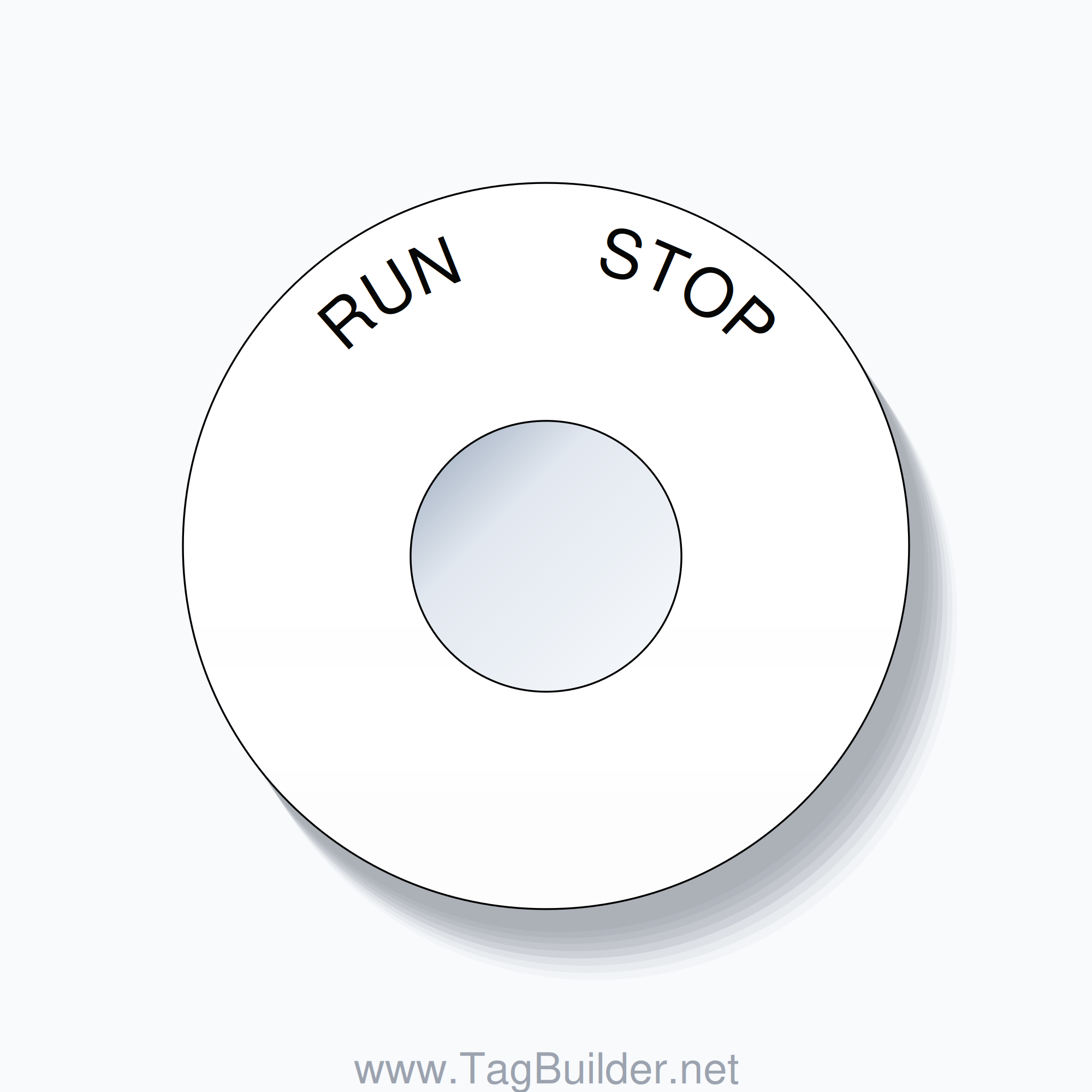 22mm Ring Tag – RUN       STOP, Single-Line 60mm Round, Black on White
