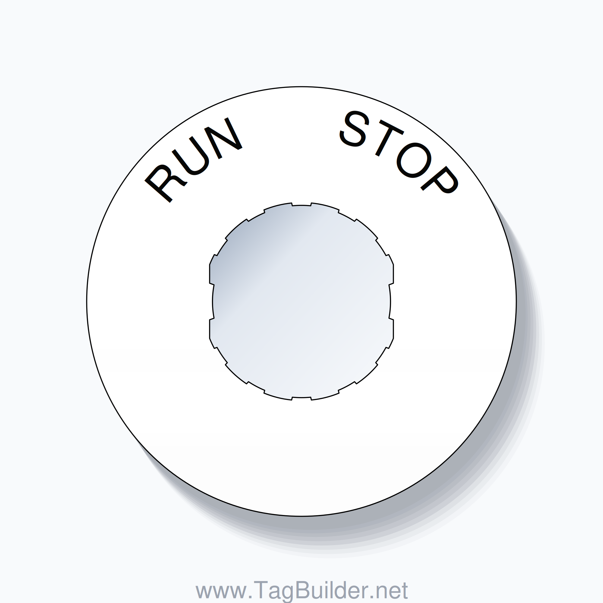 22mm Ring Tag – RUN       STOP, Single-Line 60mm Round, Schneider Electric Compatible, Black on White