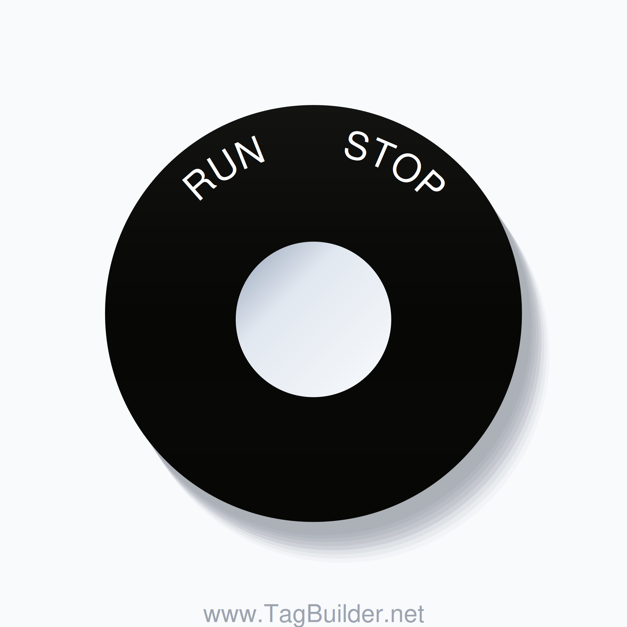 22mm Ring Tag – RUN       STOP, Single-Line 60mm Round, White on Black