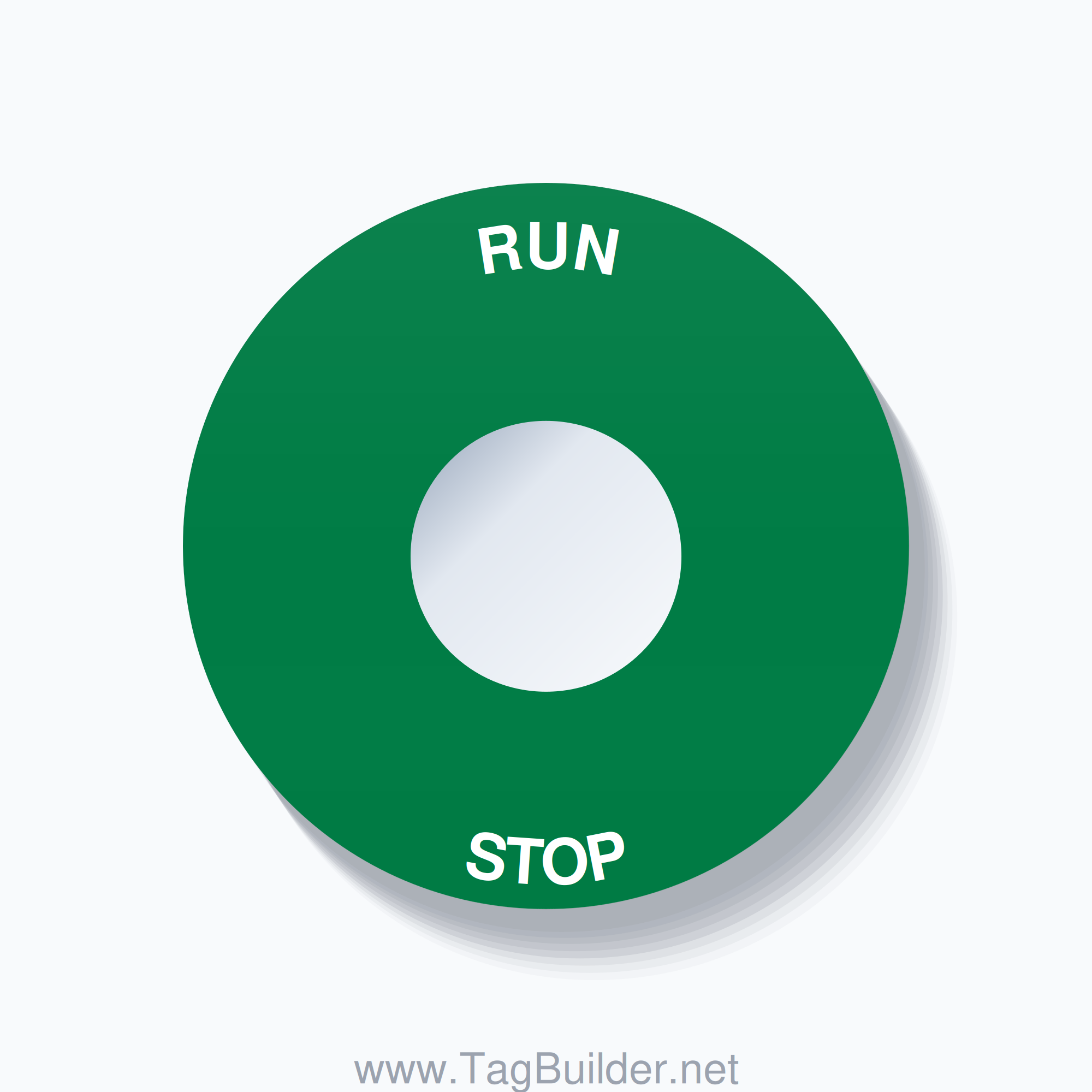22mm Ring Tag – RUN STOP, Single-Line 60mm Round, White on Green