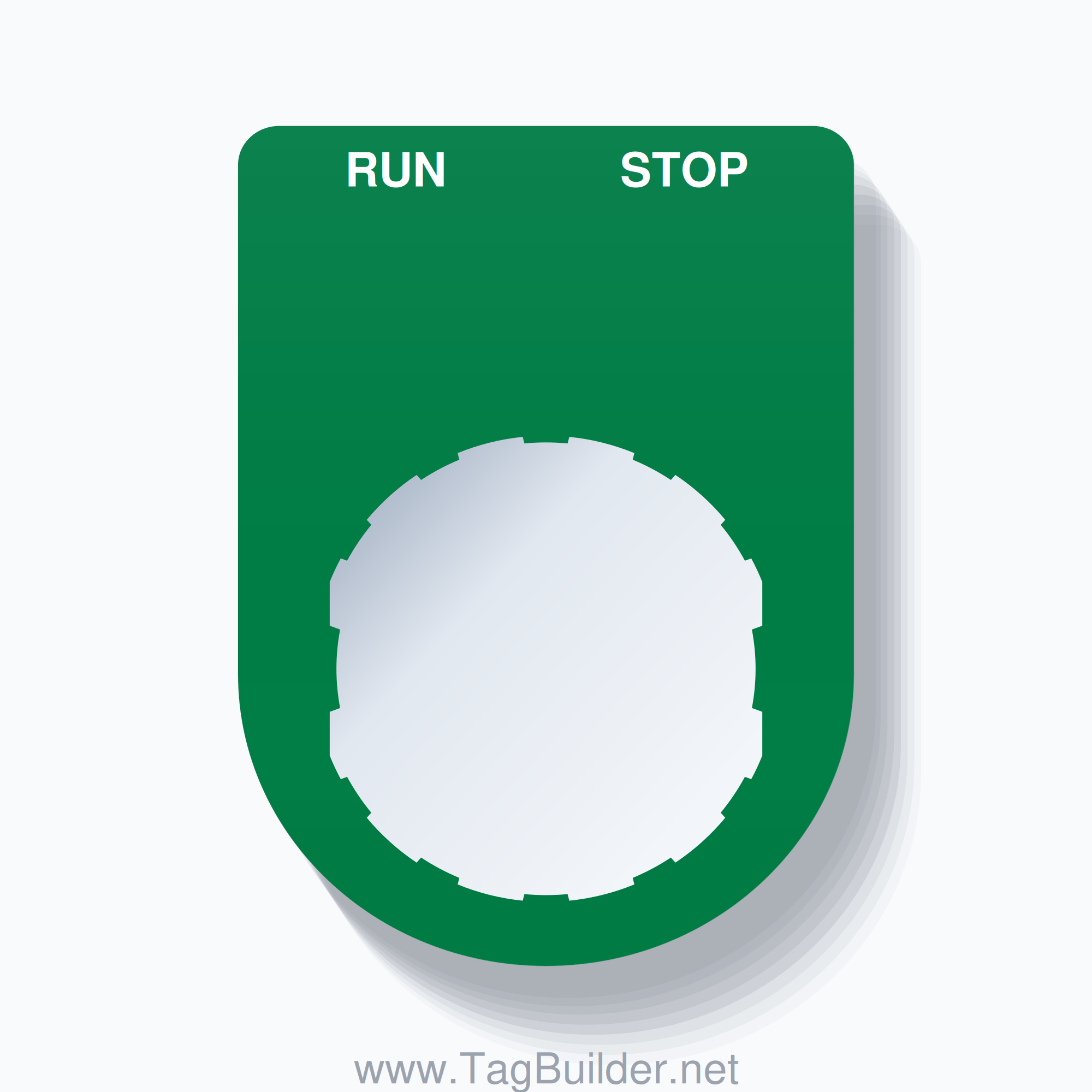 22mm Ring Tag – RUN STOP, Two-Line Slim, Schneider Electric Compatible, White on Green