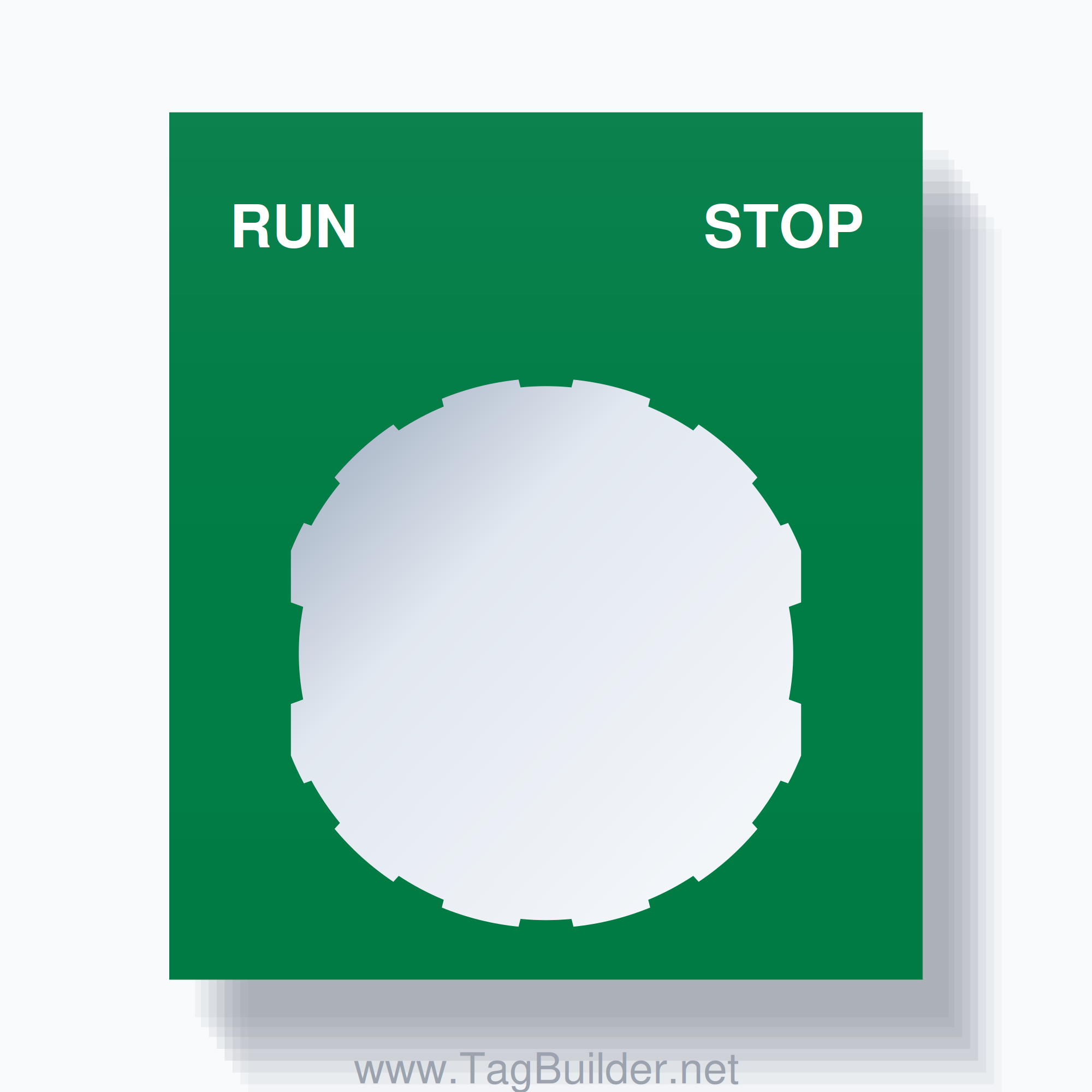 22mm Ring Tag – RUN STOP, Two-Line Square, Schneider Electric Compatible, White on Green