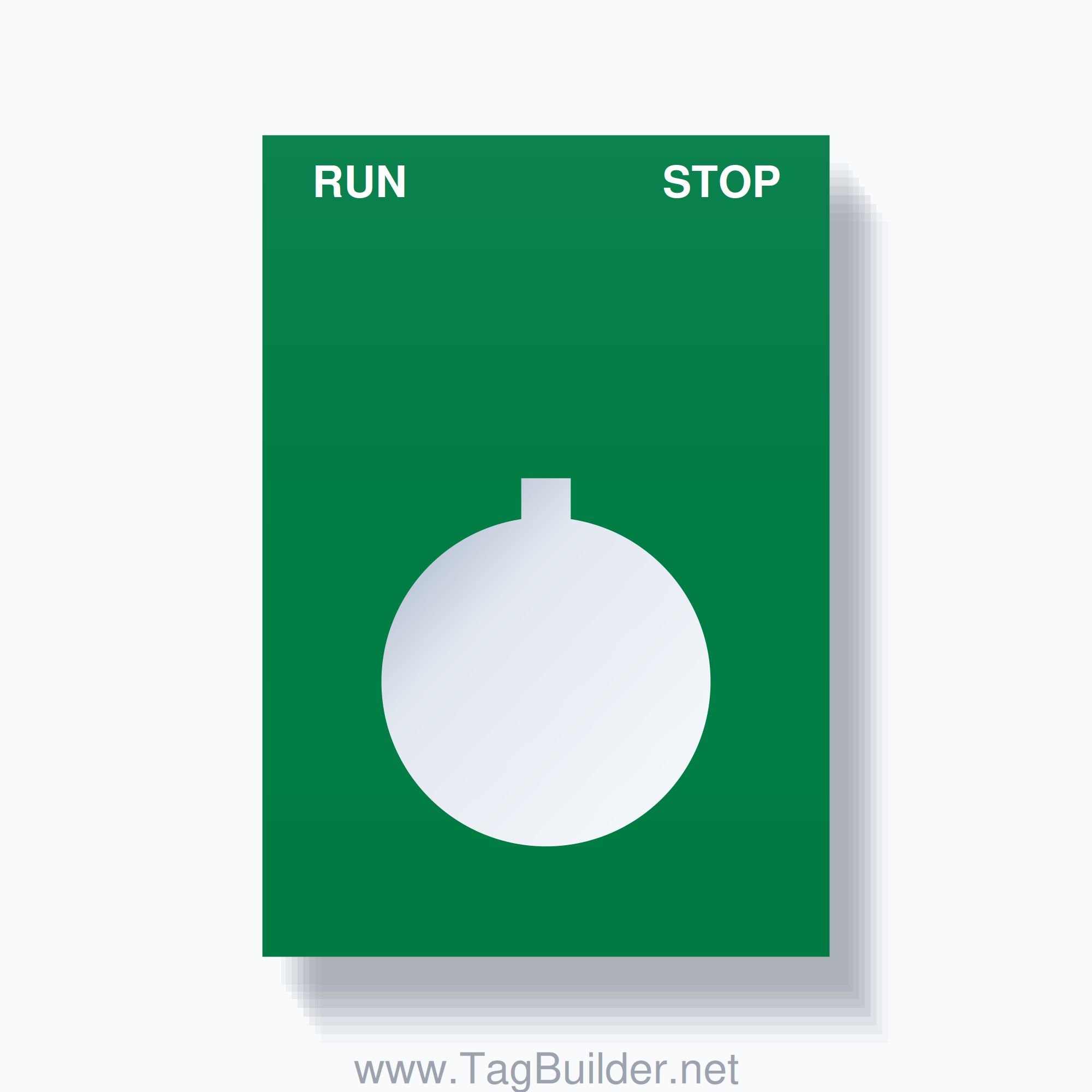 22mm Ring Tag – RUN STOP, Two-Line Squared, Allen-Bradley Compatible, White on Green