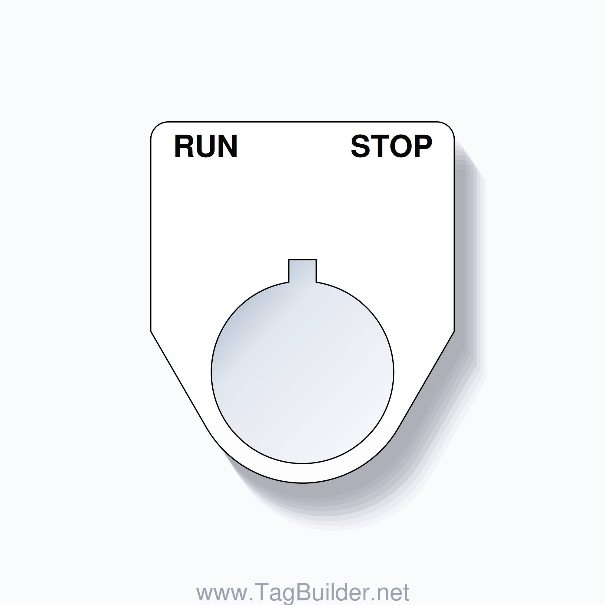 22mm Ring Tag – RUN STOP, Two-Line Traditional, Allen-Bradley Compatible, Black on White