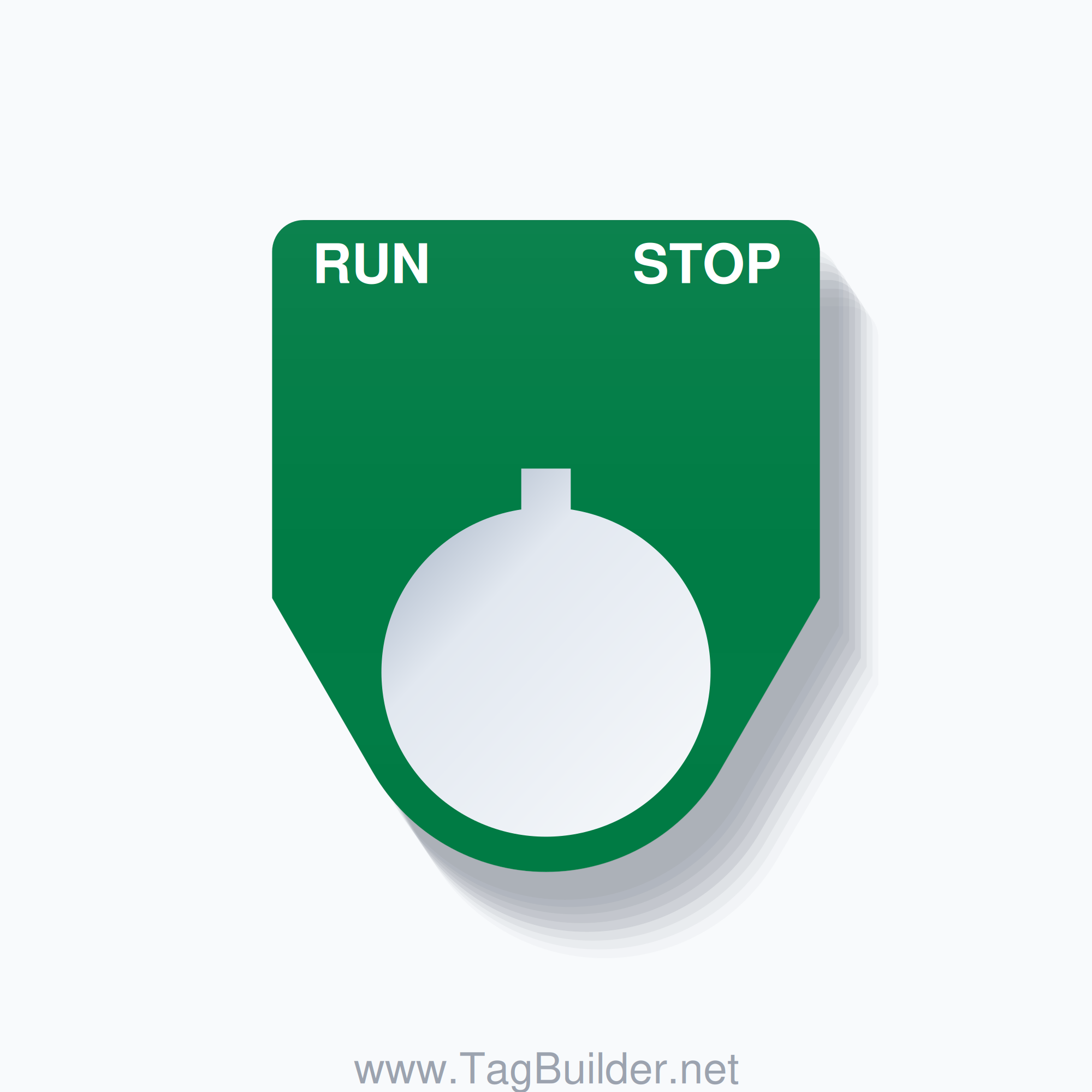 22mm Ring Tag – RUN STOP, Two-Line Traditional, Allen-Bradley Compatible, White on Green