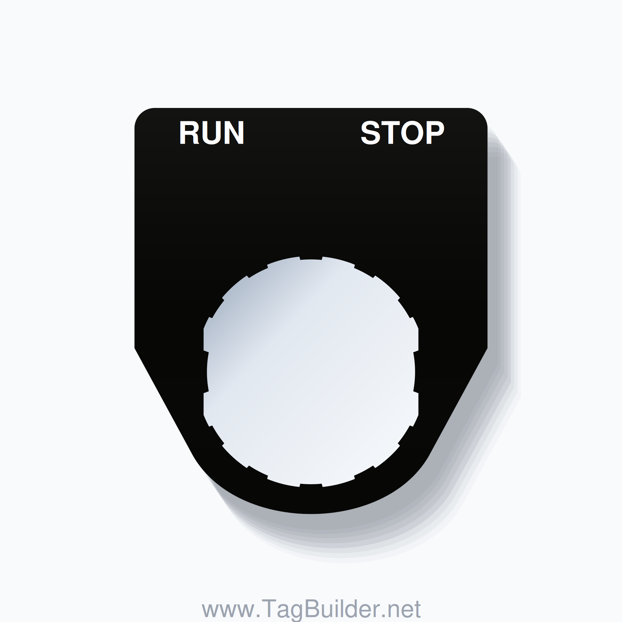 22mm Ring Tag – RUN STOP, Two-Line Traditional, Schneider Electric Compatible, White on Black