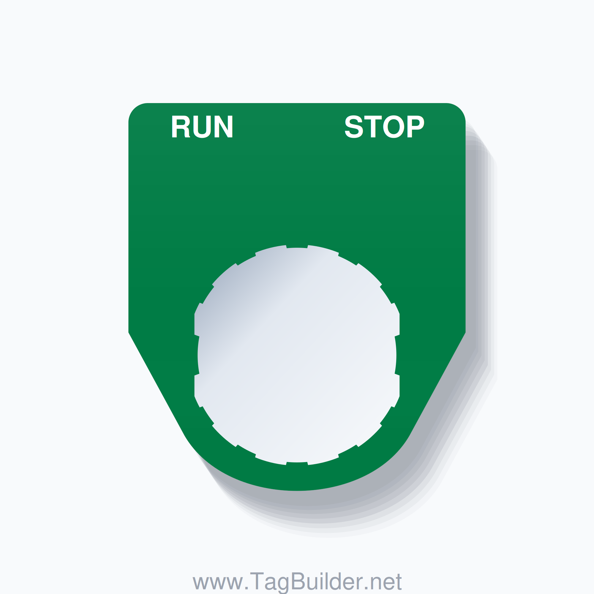 22mm Ring Tag – RUN STOP, Two-Line Traditional, Schneider Electric Compatible, White on Green