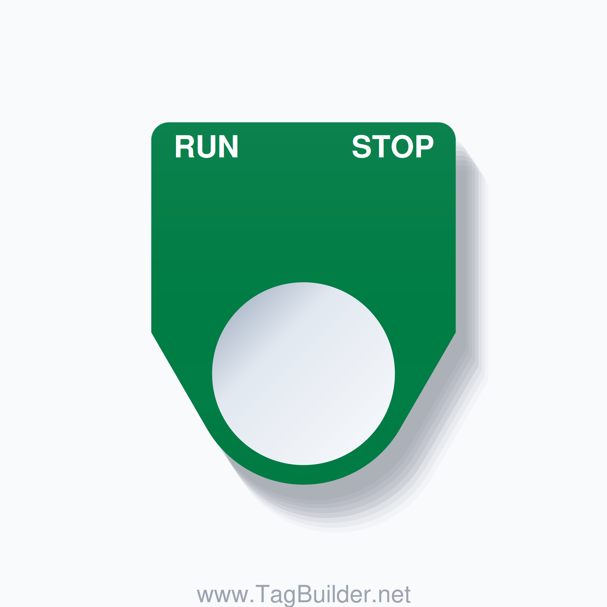 22mm Ring Tag – RUN STOP, Two-Line Traditional, White on Green