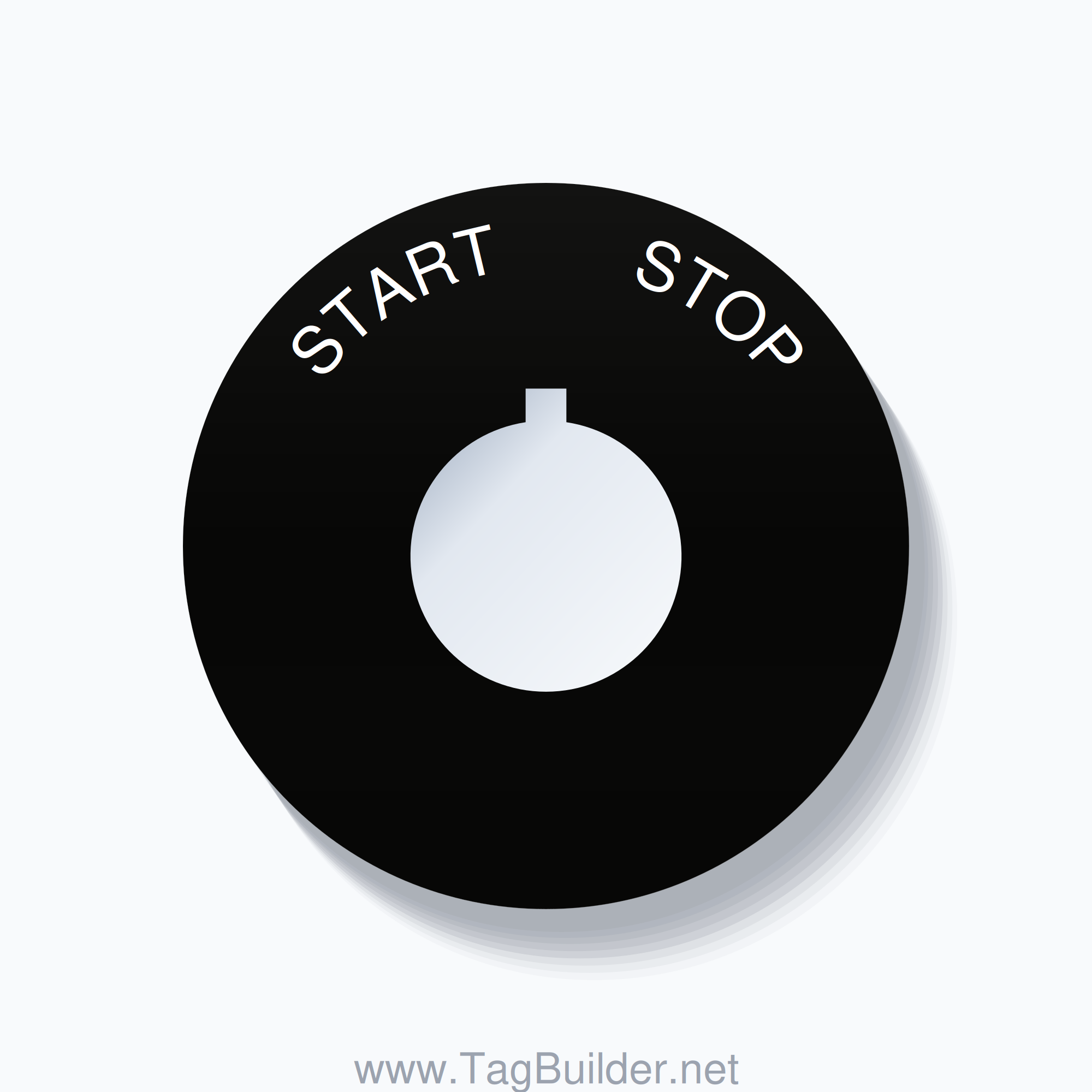 22mm Ring Tag – START       STOP, Single-Line 60mm Round, Allen-Bradley Compatible, White on Black