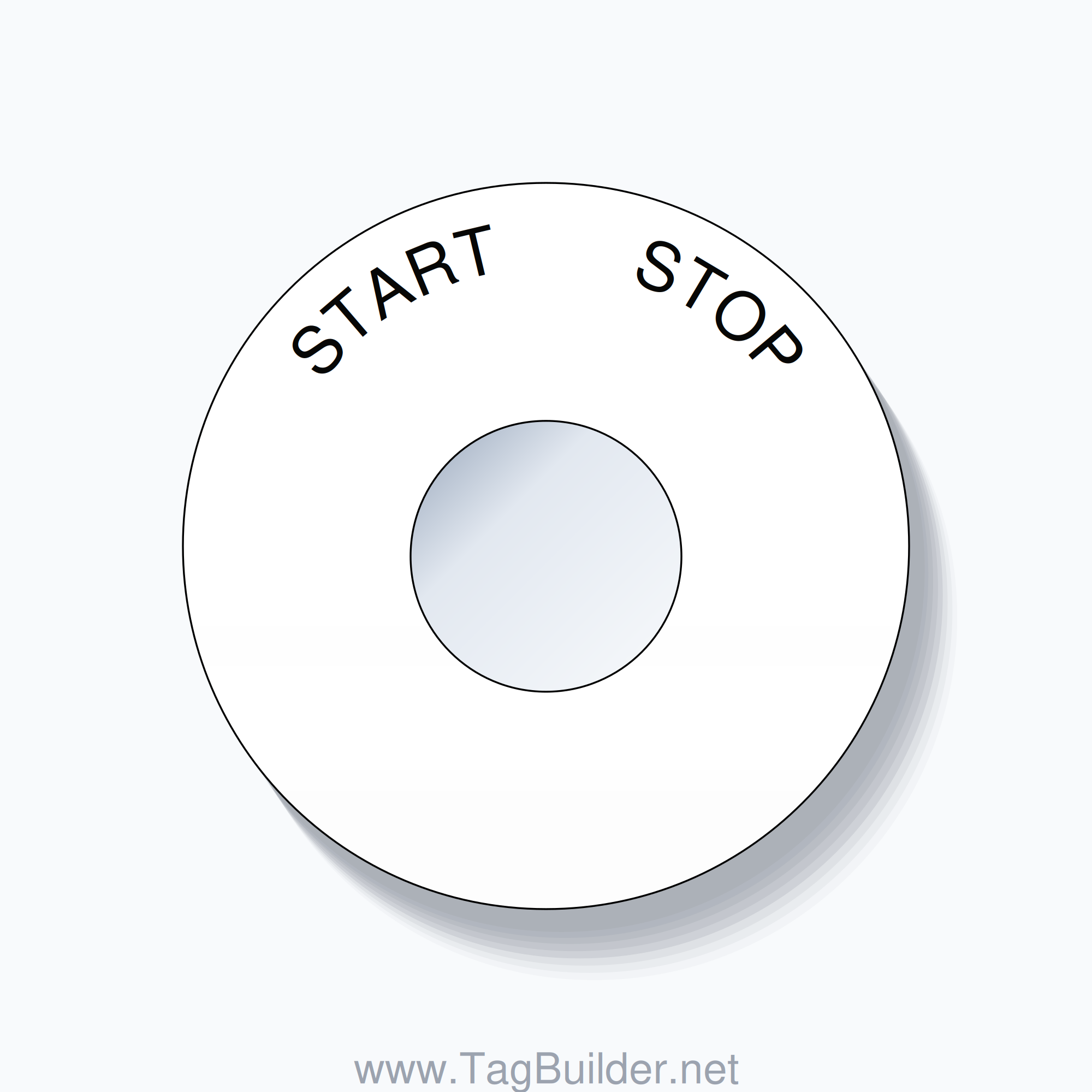 22mm Ring Tag – START       STOP, Single-Line 60mm Round, Black on White