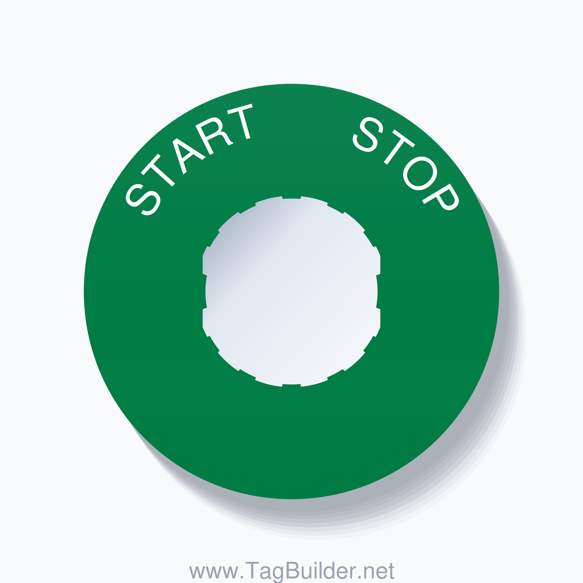 22mm Ring Tag – START       STOP, Single-Line 60mm Round, Schneider Electric Compatible, White on Green