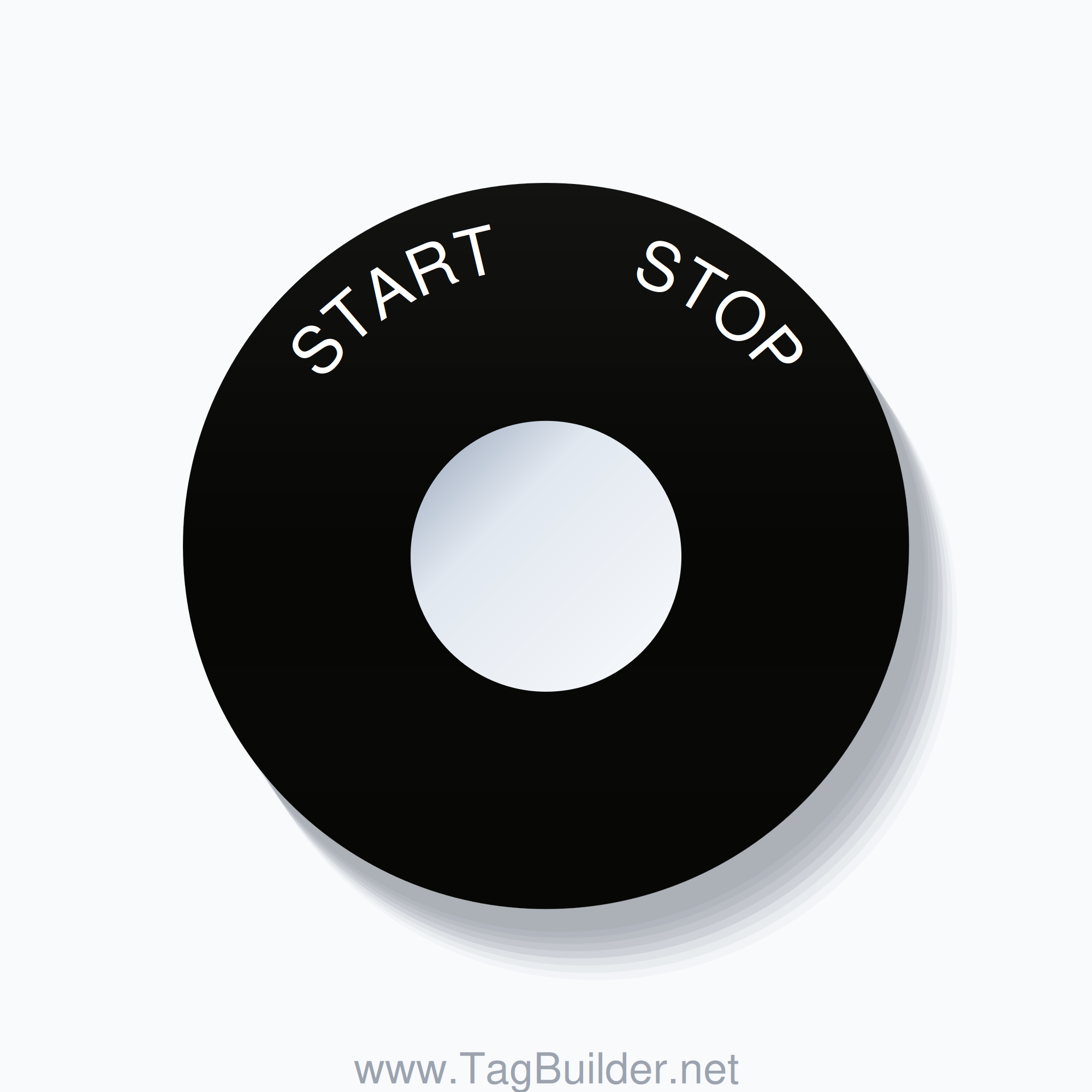22mm Ring Tag – START       STOP, Single-Line 60mm Round, White on Black