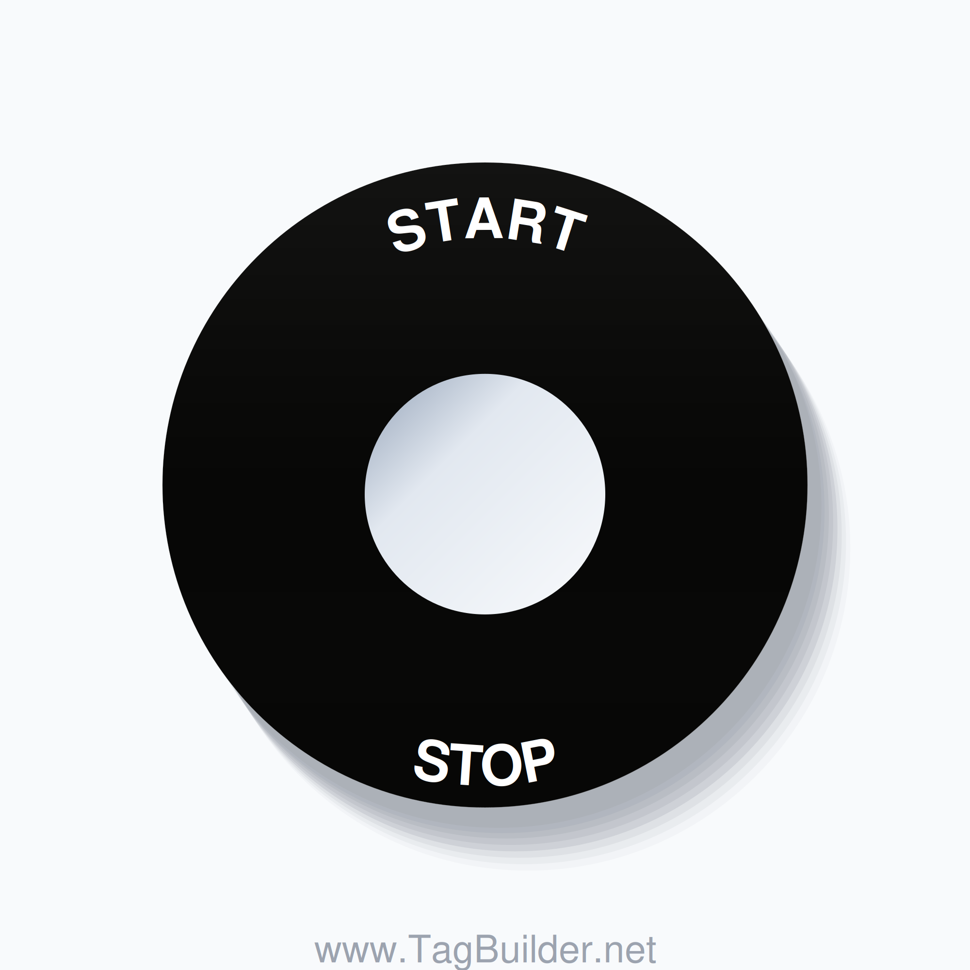 22mm Ring Tag – START STOP, Single-Line 60mm Round, White on Black