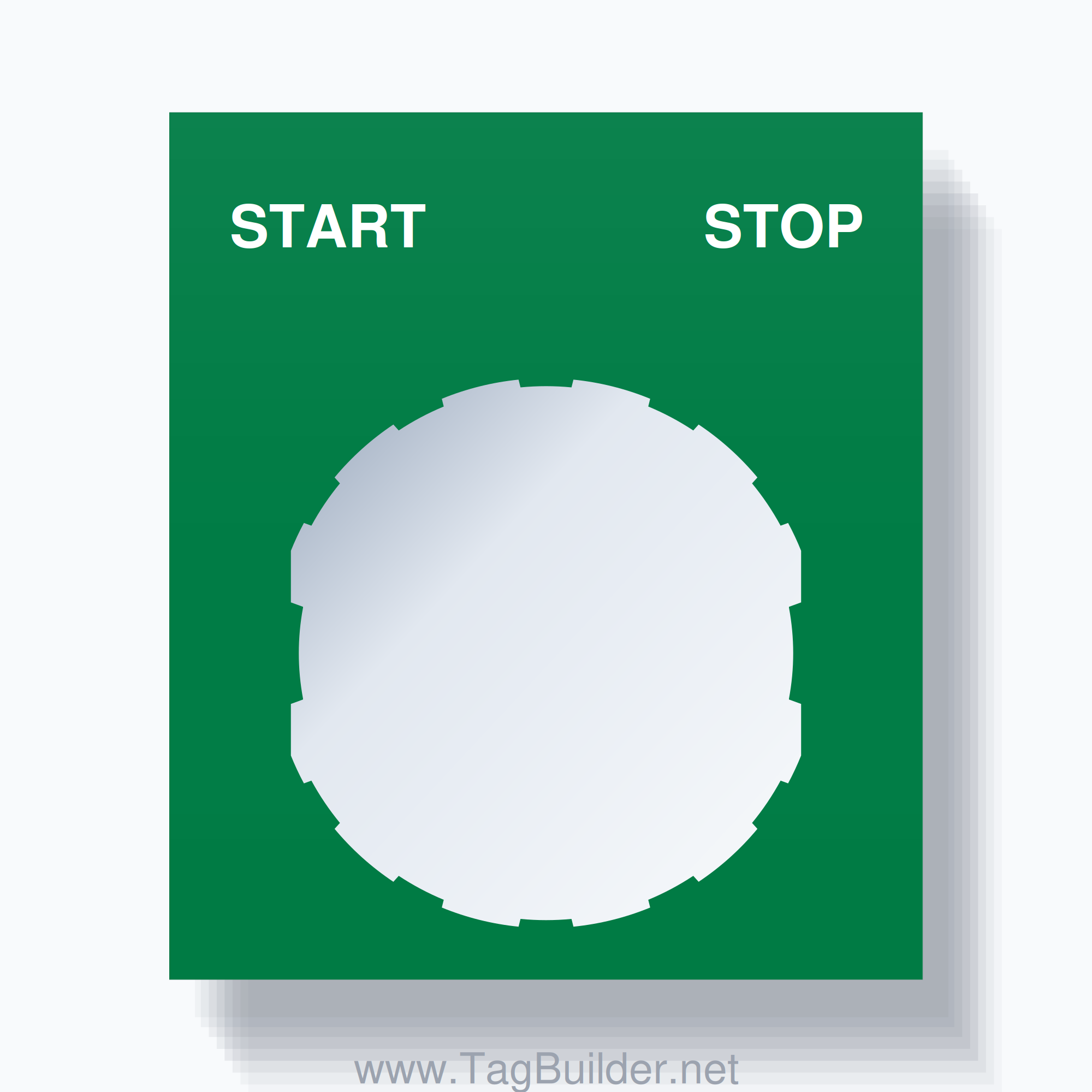 22mm Ring Tag – START STOP, Two-Line Square, Schneider Electric Compatible, White on Green