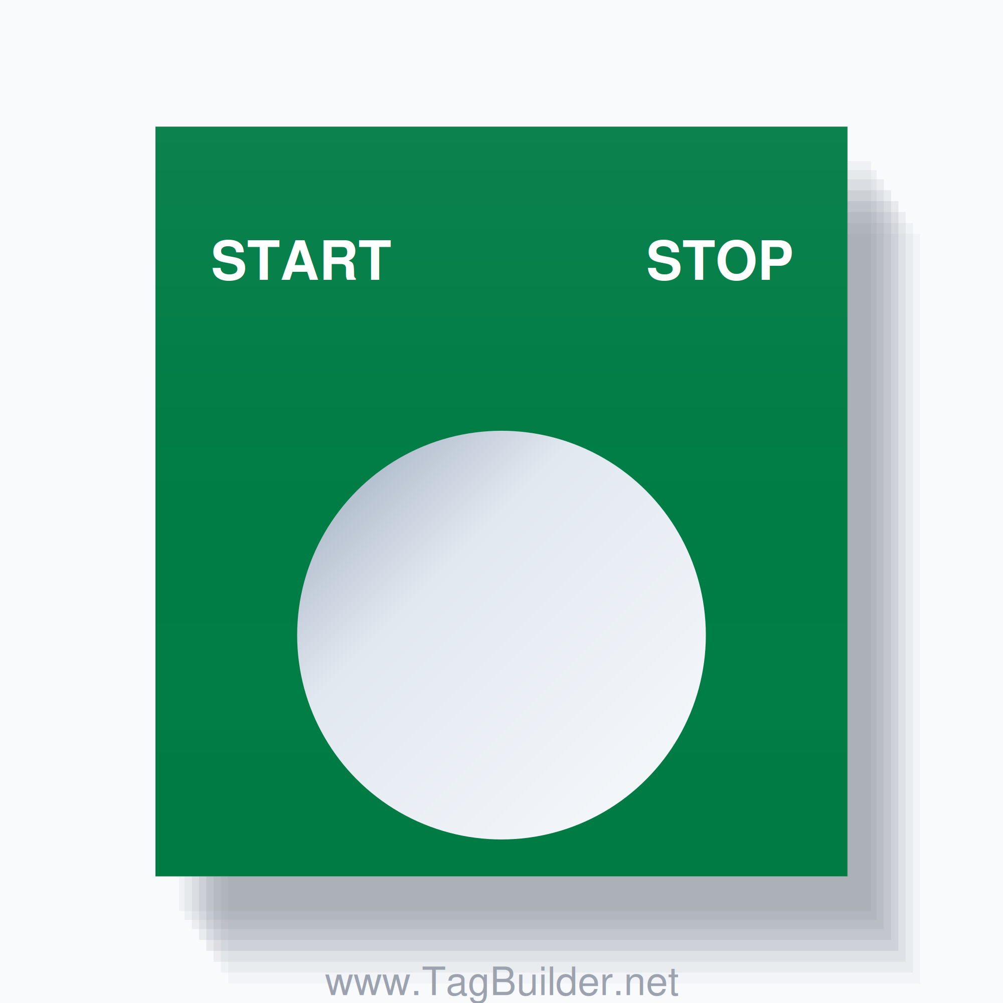 22mm Ring Tag – START STOP, Two-Line Square, White on Green