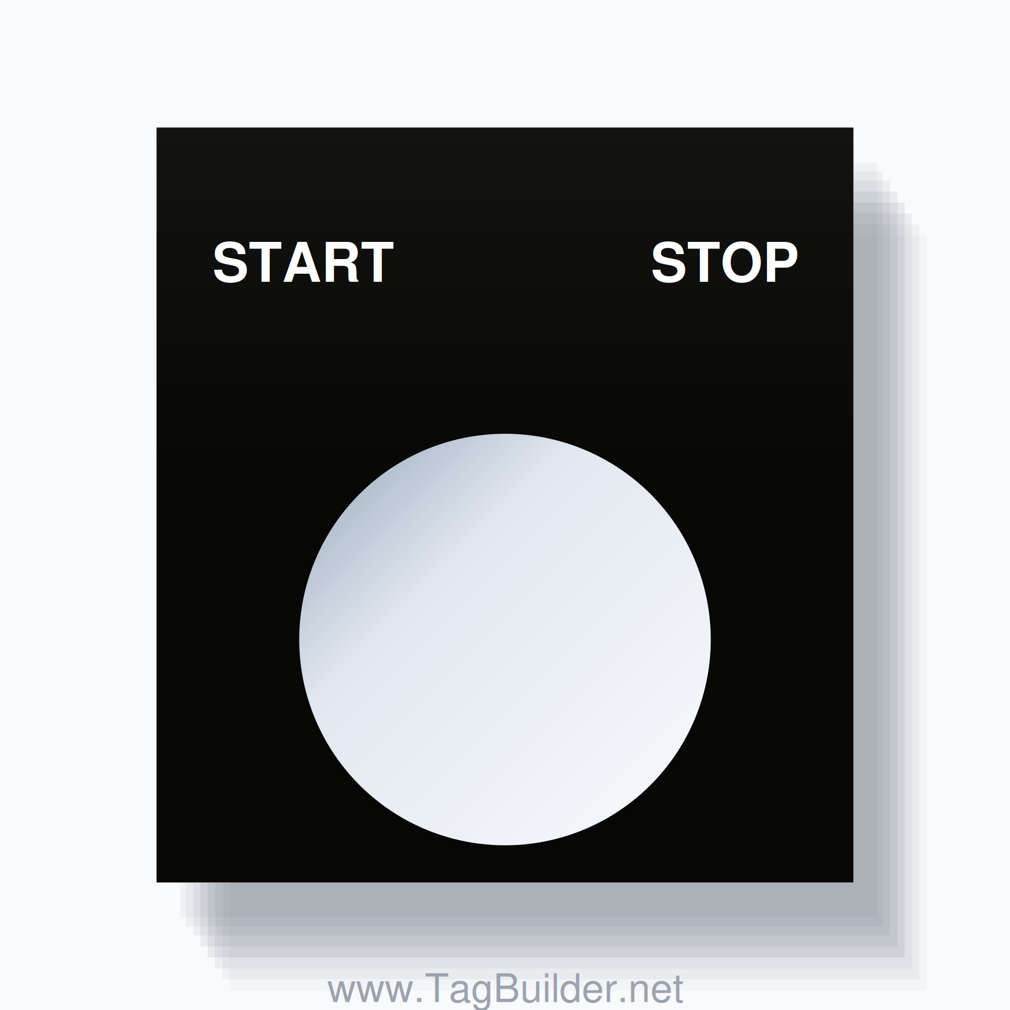 22mm Ring Tag – START STOP, Two-Line Square, White on Black