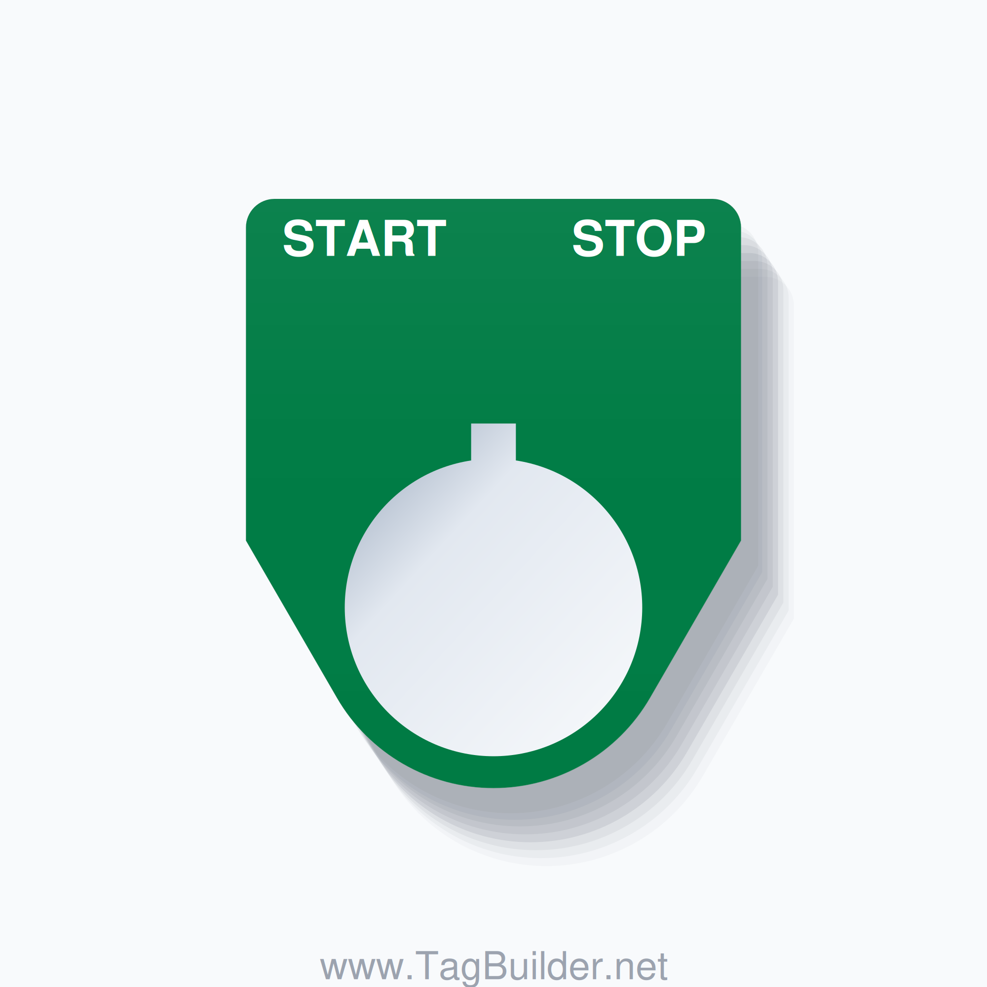 22mm Ring Tag – START STOP, Two-Line Traditional, Allen-Bradley Compatible, White on Green