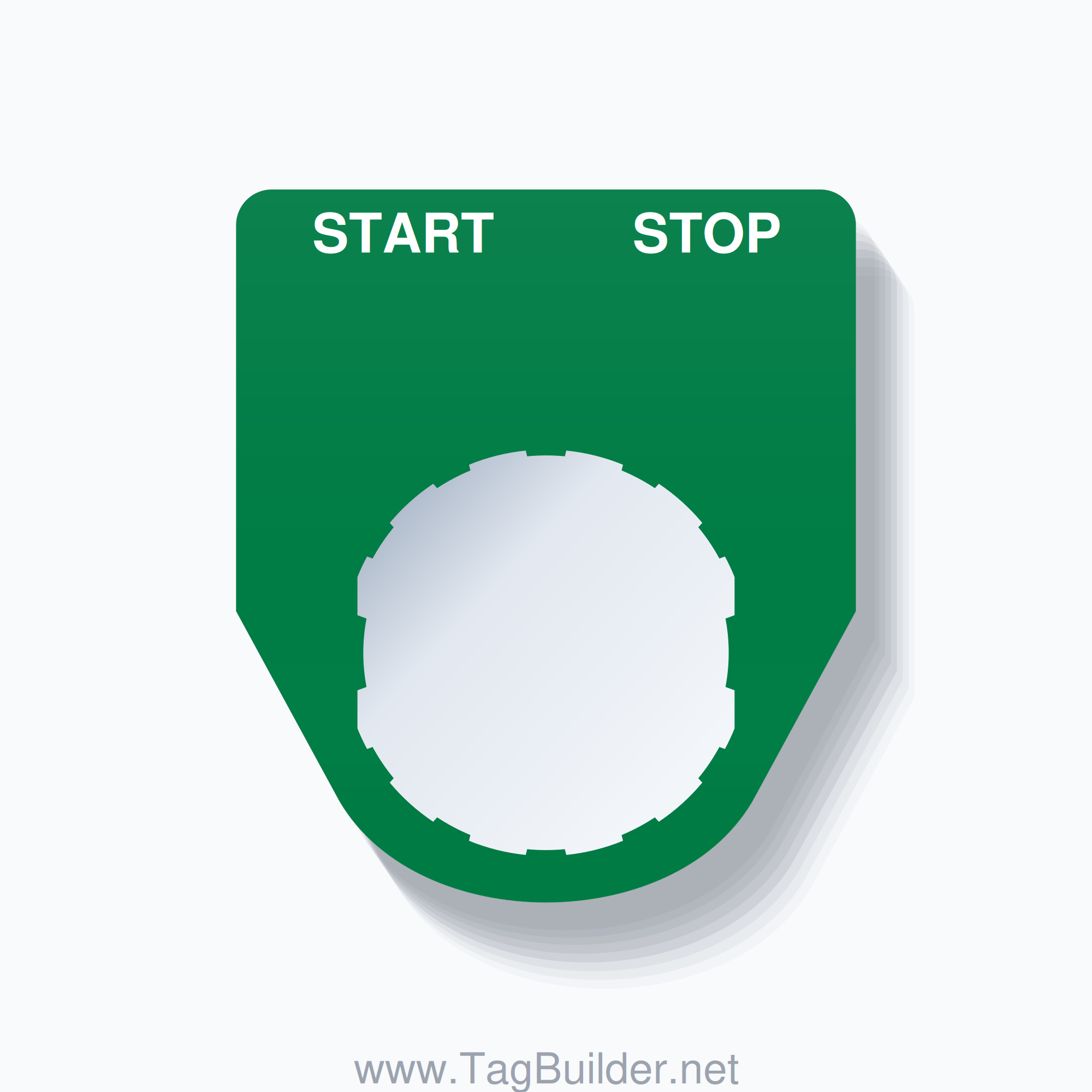 22mm Ring Tag – START STOP, Two-Line Traditional, Schneider Electric Compatible, White on Green