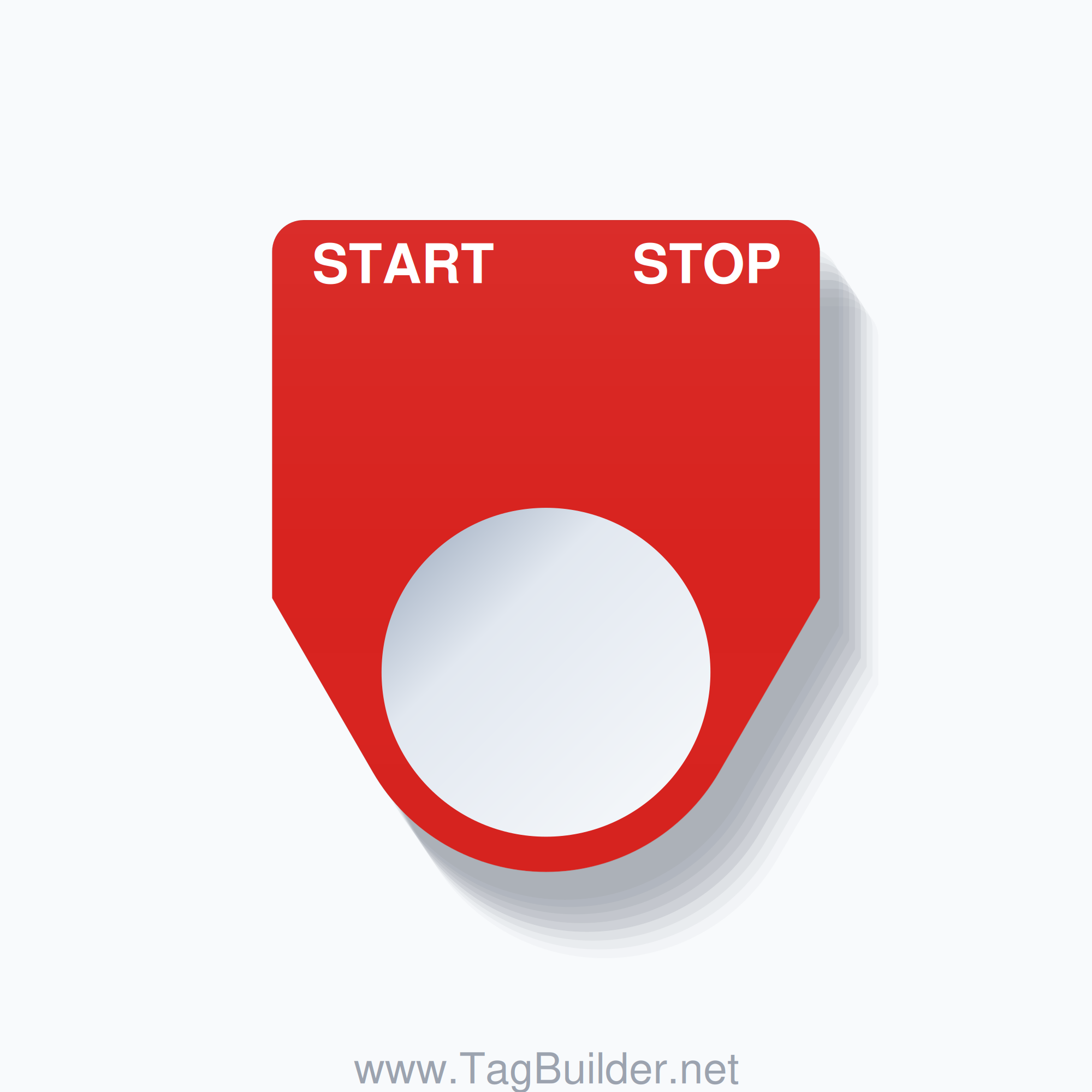 22mm Ring Tag – START STOP, Two-Line Traditional, White on Red