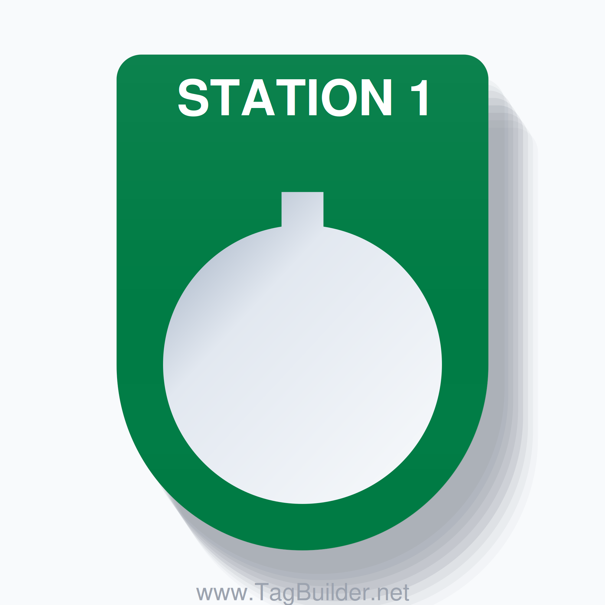 22mm Ring Tag – STATION 1, Single-Line Slim, Allen-Bradley Compatible, White on Green