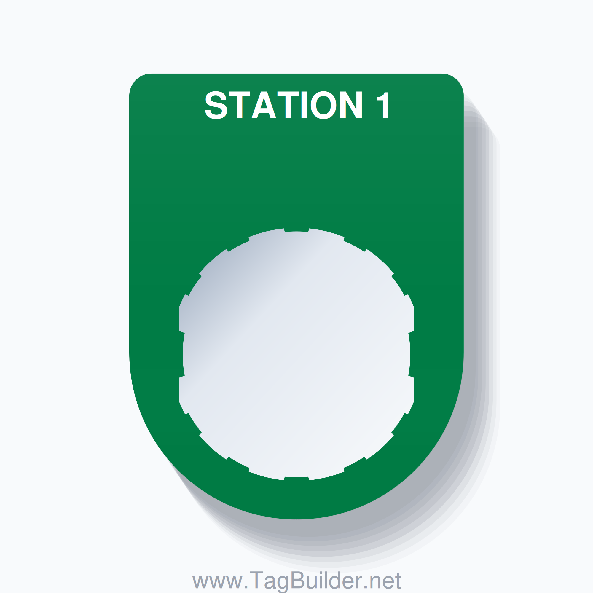 22mm Ring Tag – STATION 1, Single-Line Slim, Schneider Electric Compatible, White on Green